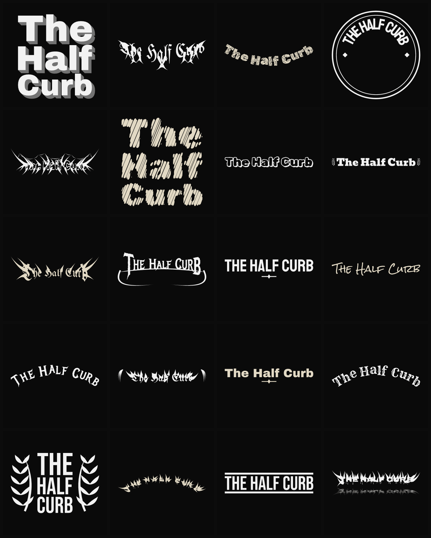 Twenty The Half Curb band logo ideas — different faces, treatments and spike settings
