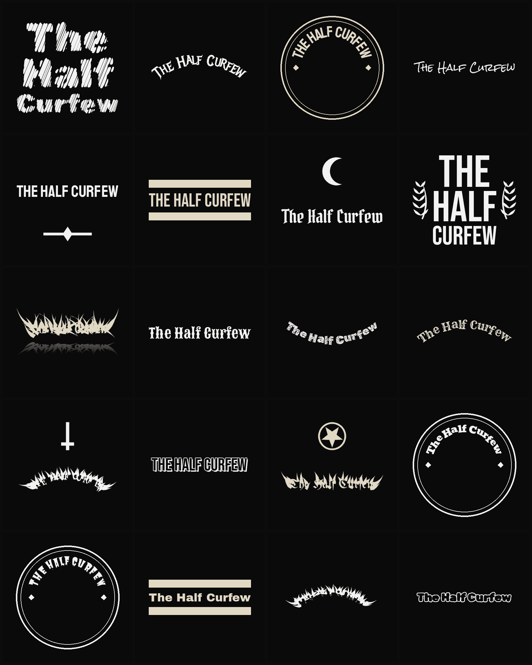 Twenty The Half Curfew band logo ideas — different faces, treatments and spike settings