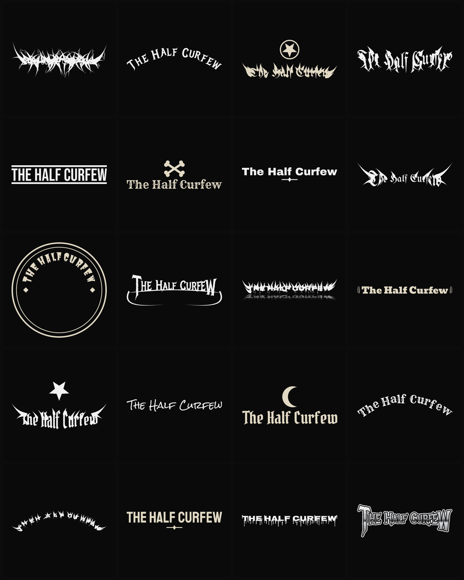 Twenty The Half Curfew band logo ideas — different faces, treatments and spike settings