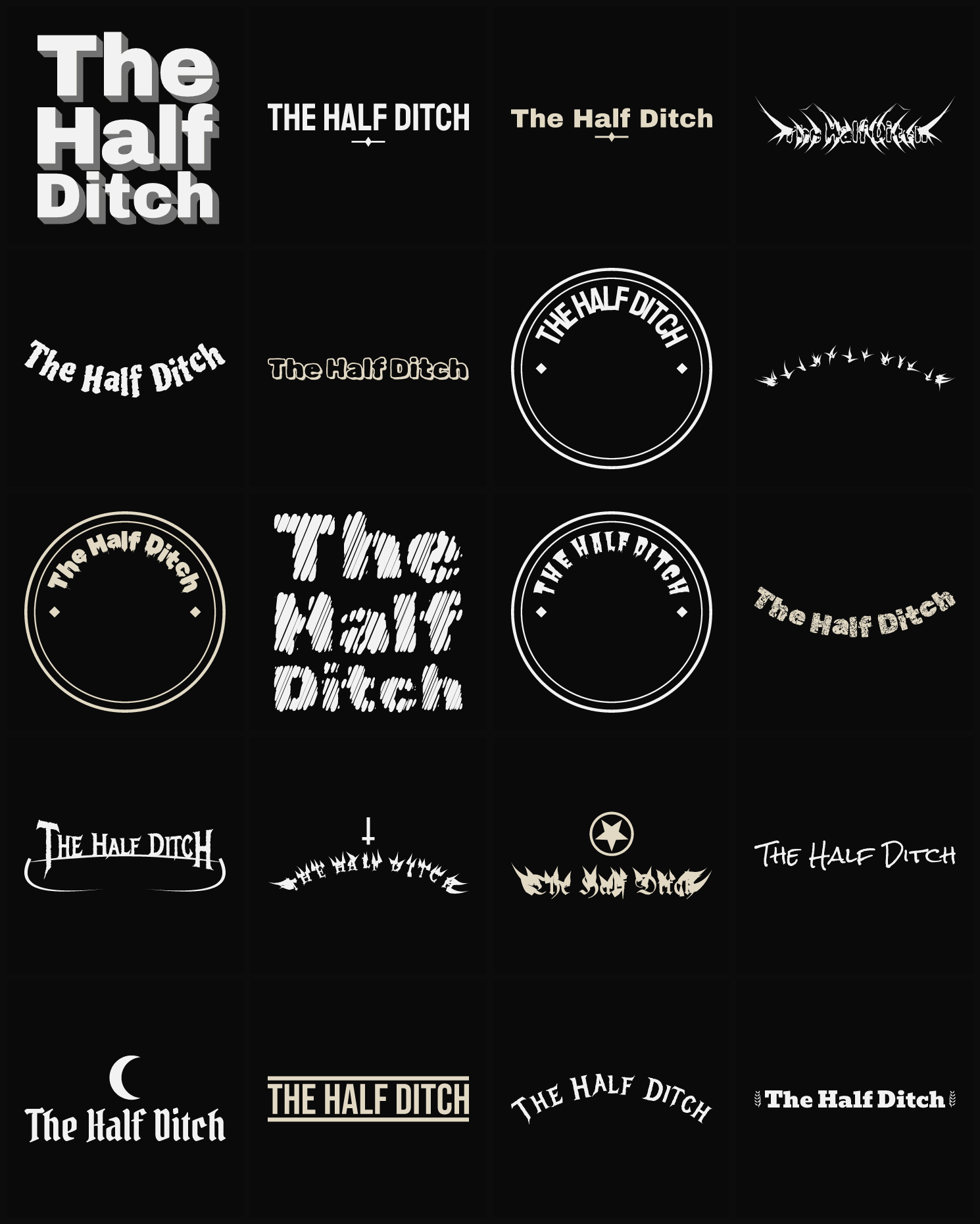 Twenty The Half Ditch band logo ideas — different faces, treatments and spike settings
