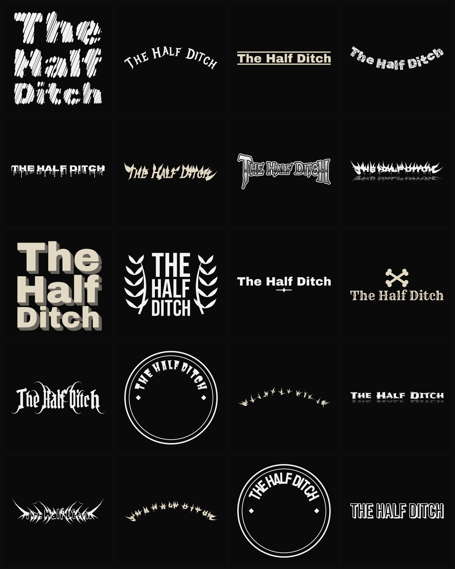 Twenty The Half Ditch band logo ideas — different faces, treatments and spike settings