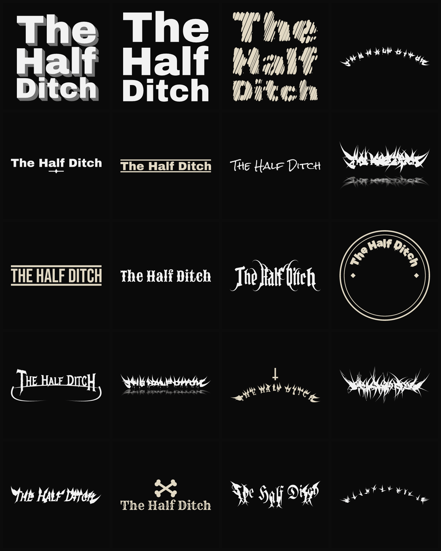 Twenty The Half Ditch band logo ideas — different faces, treatments and spike settings