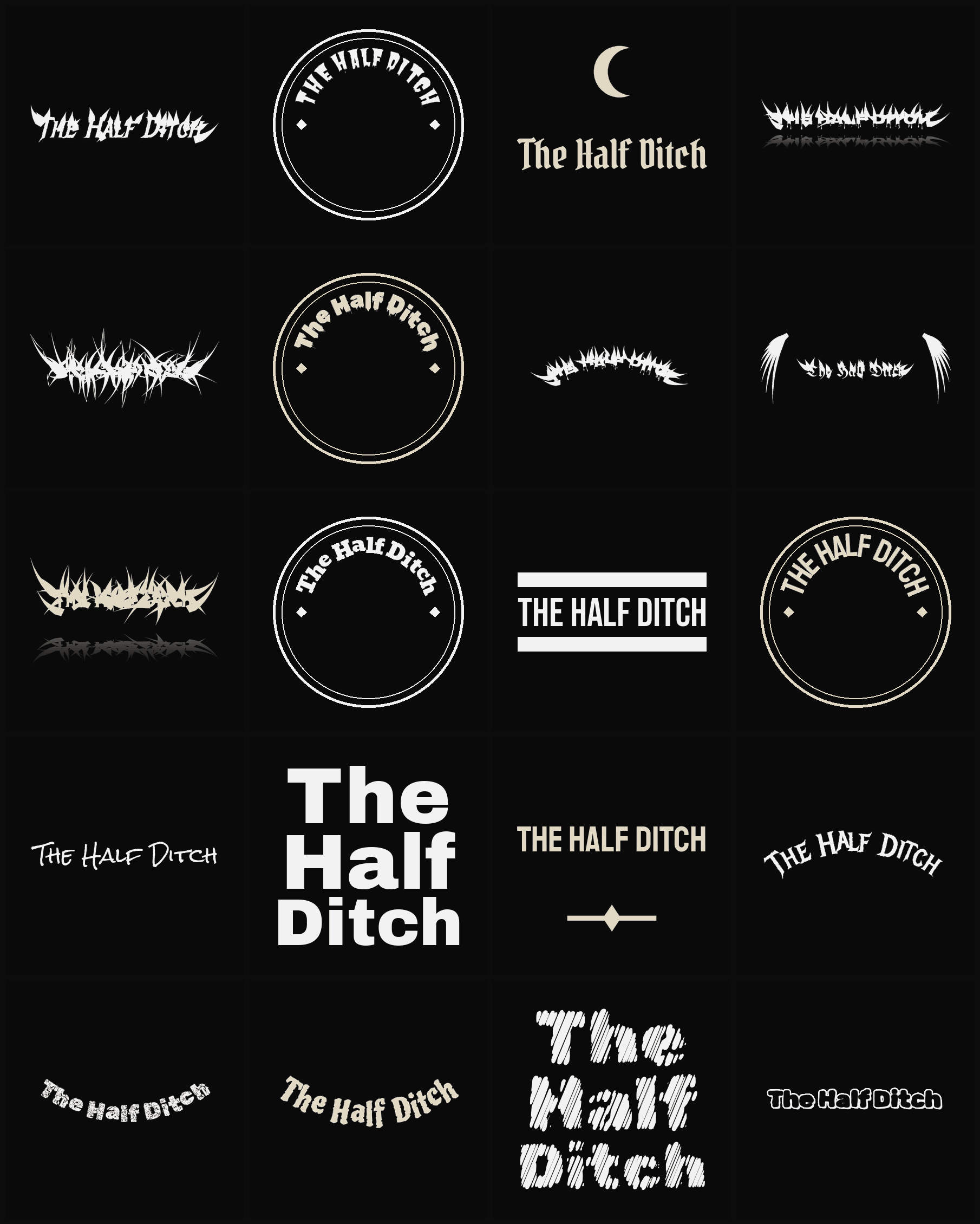 Twenty The Half Ditch band logo ideas — different faces, treatments and spike settings