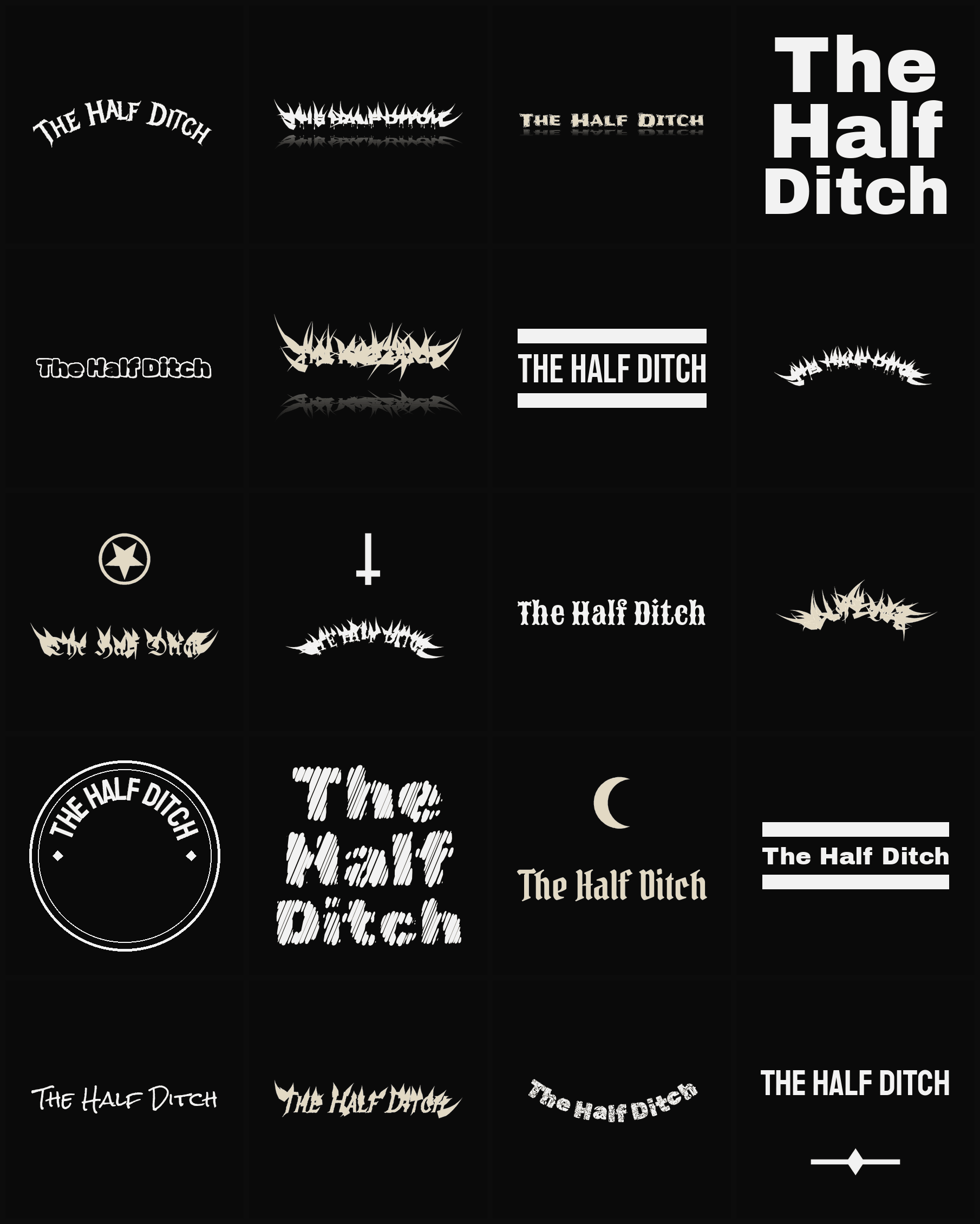 Twenty The Half Ditch band logo ideas — different faces, treatments and spike settings