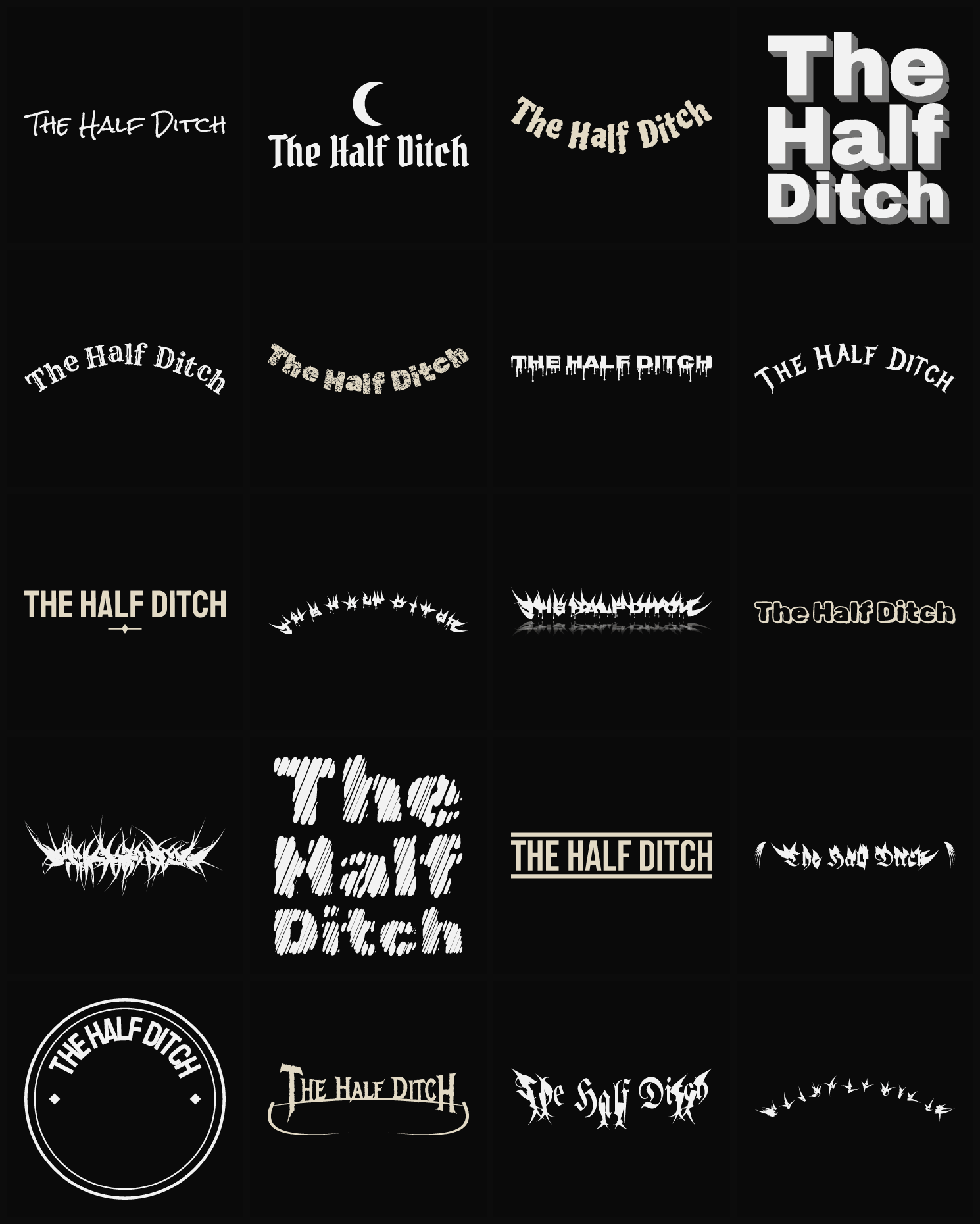 Twenty The Half Ditch band logo ideas — different faces, treatments and spike settings