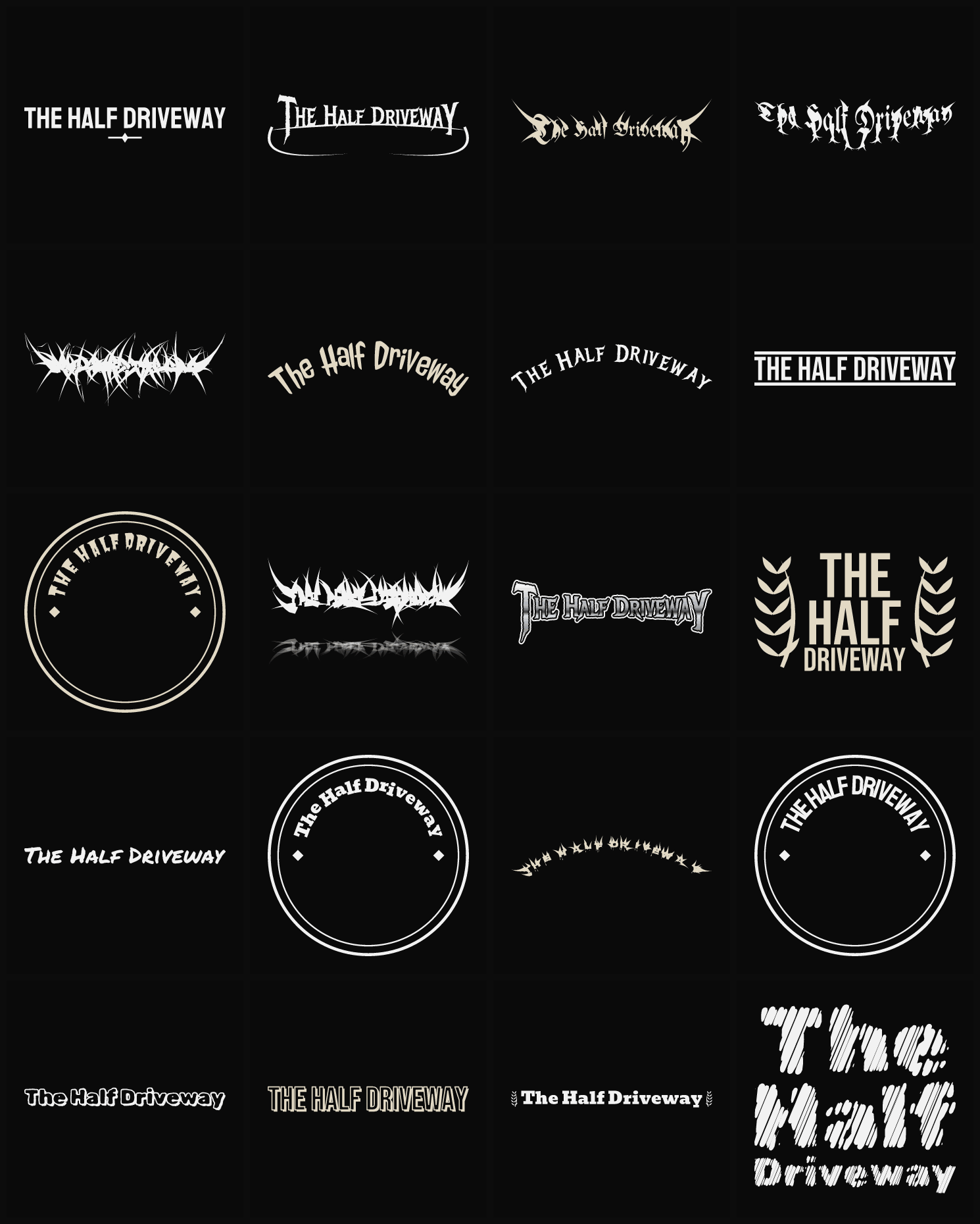 Twenty The Half Driveway band logo ideas — different faces, treatments and spike settings