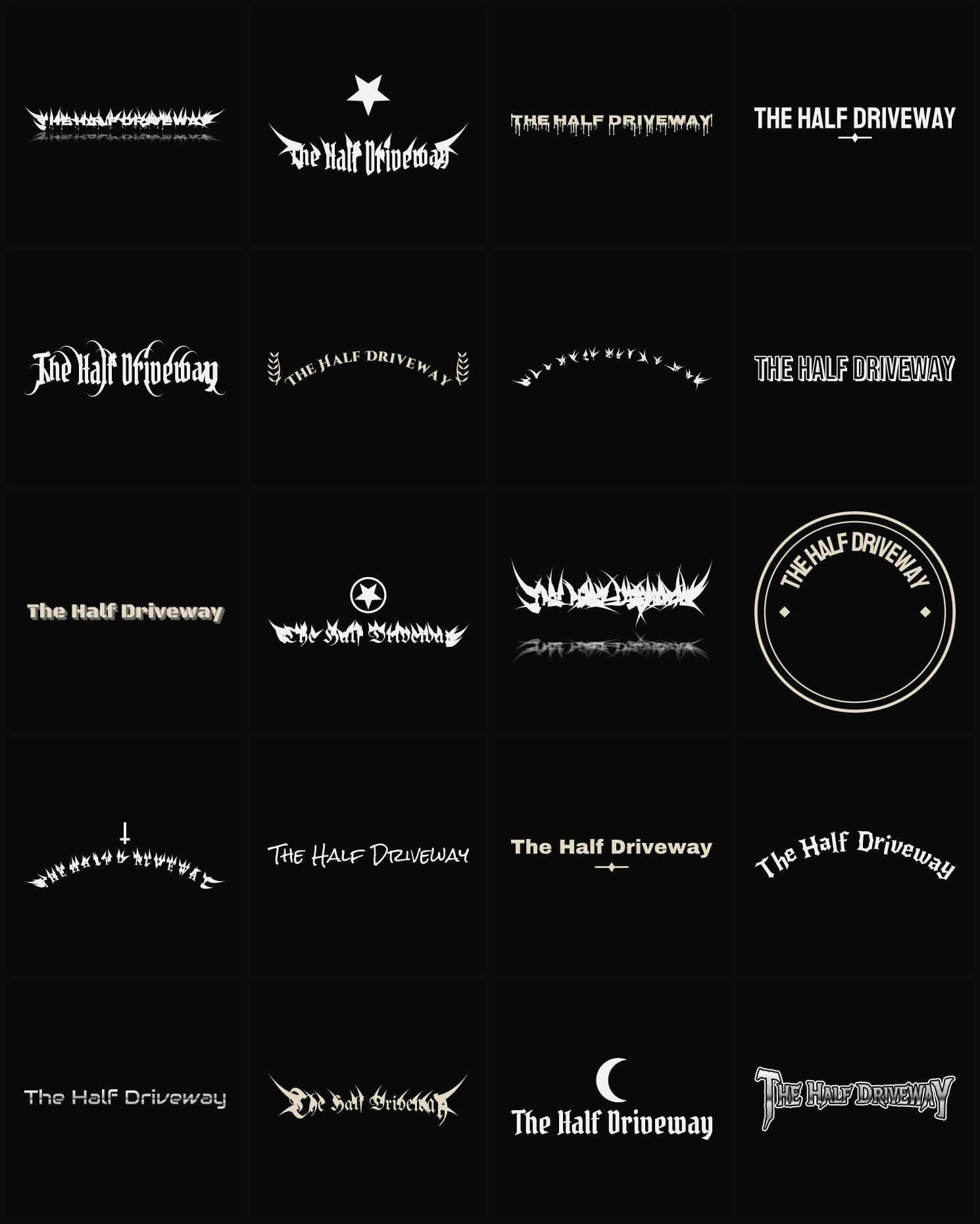 Twenty The Half Driveway band logo ideas — different faces, treatments and spike settings
