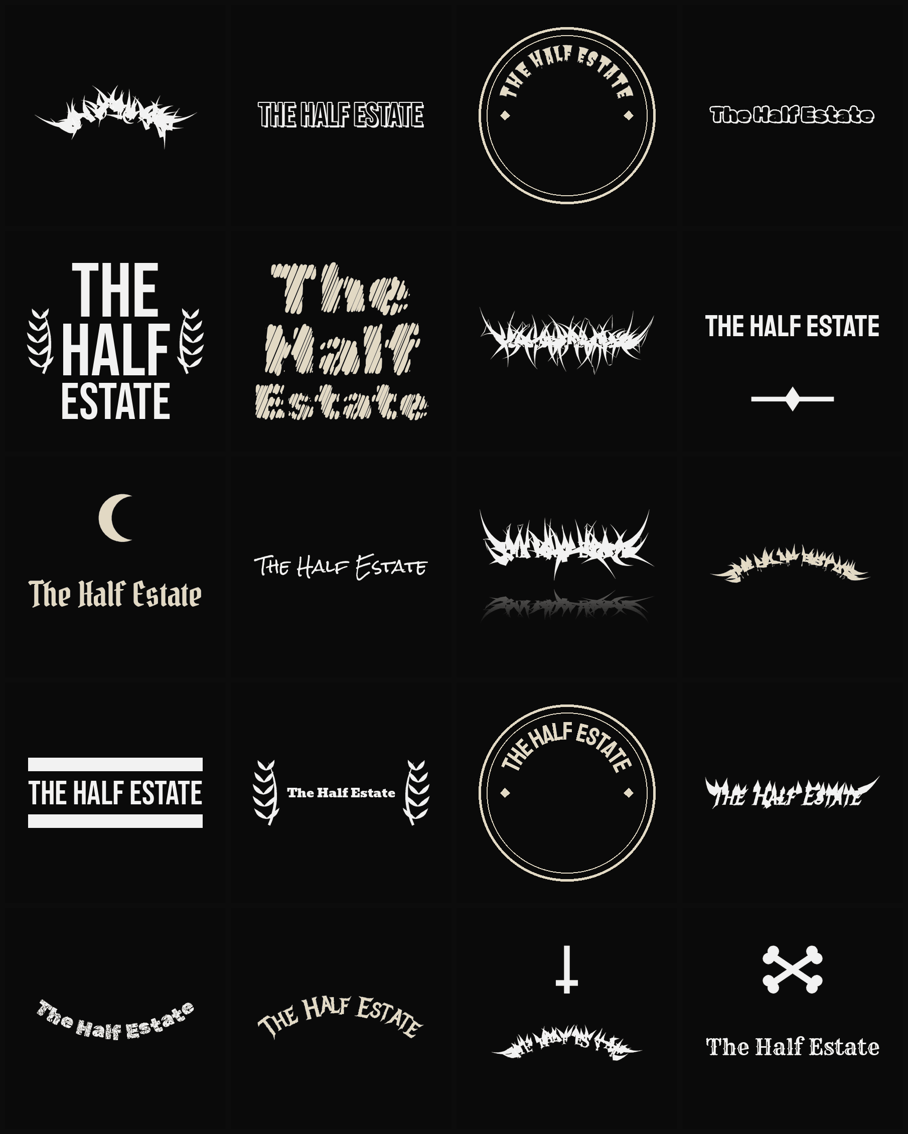 Twenty The Half Estate band logo ideas — different faces, treatments and spike settings