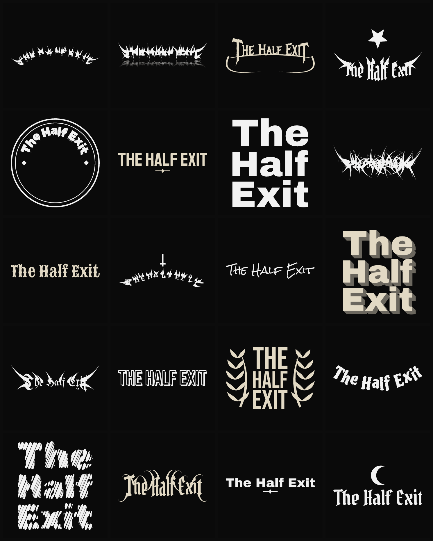 Twenty The Half Exit band logo ideas — different faces, treatments and spike settings
