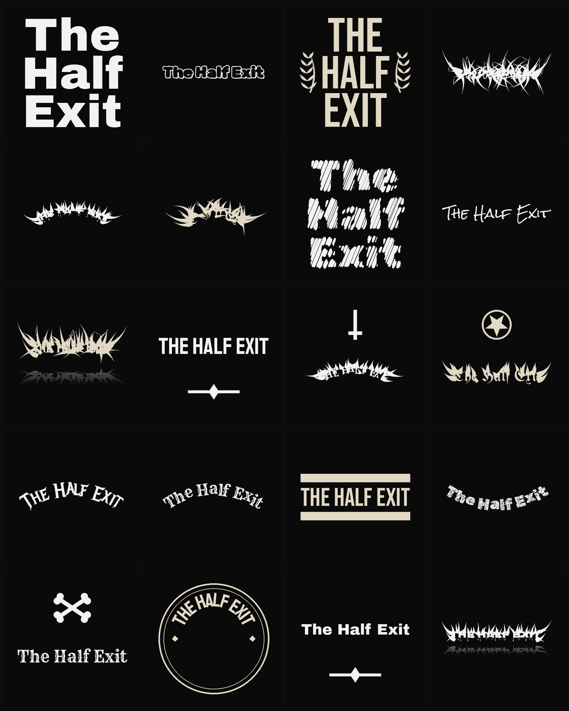 Twenty The Half Exit band logo ideas — different faces, treatments and spike settings