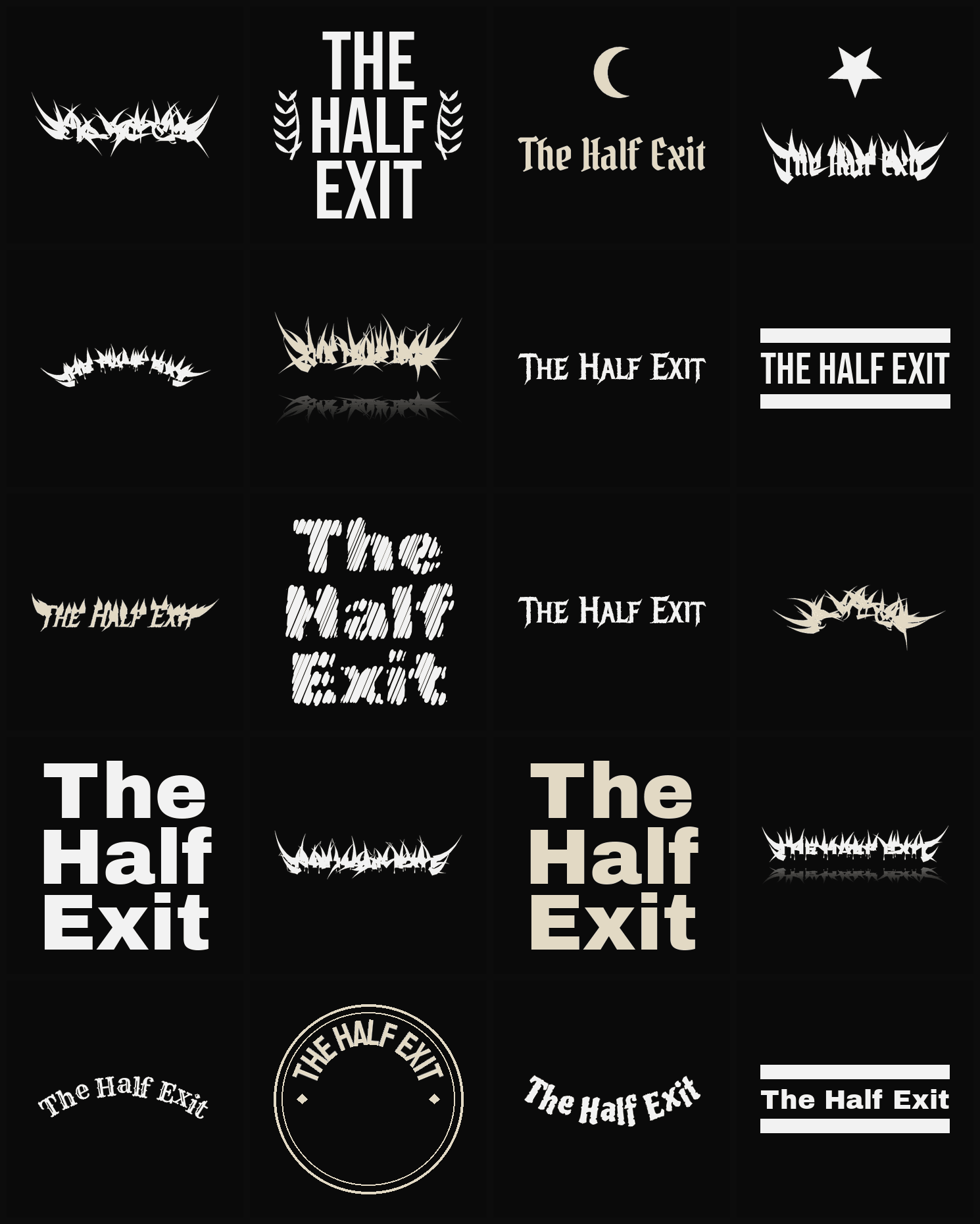 Twenty The Half Exit band logo ideas — different faces, treatments and spike settings