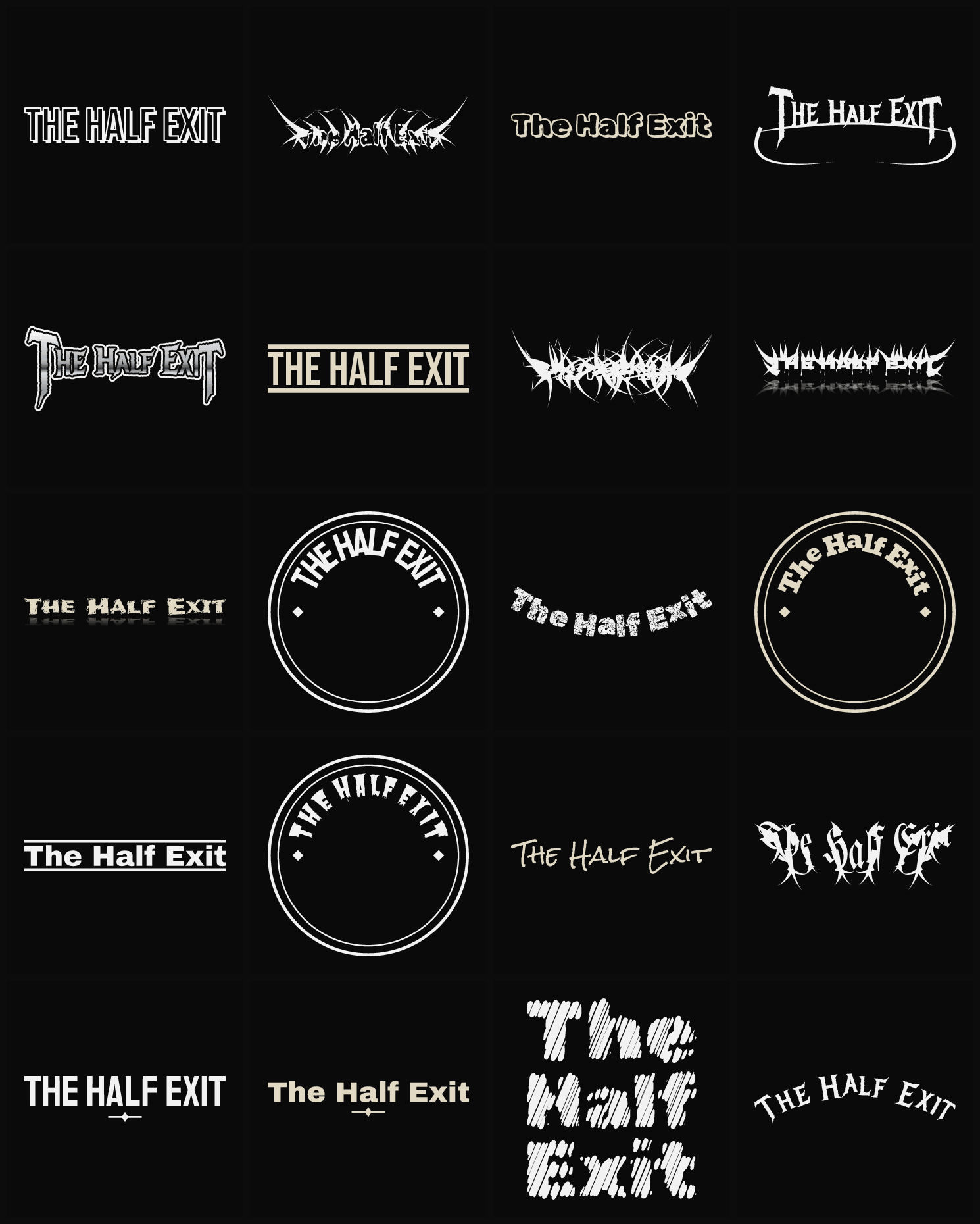 Twenty The Half Exit band logo ideas — different faces, treatments and spike settings