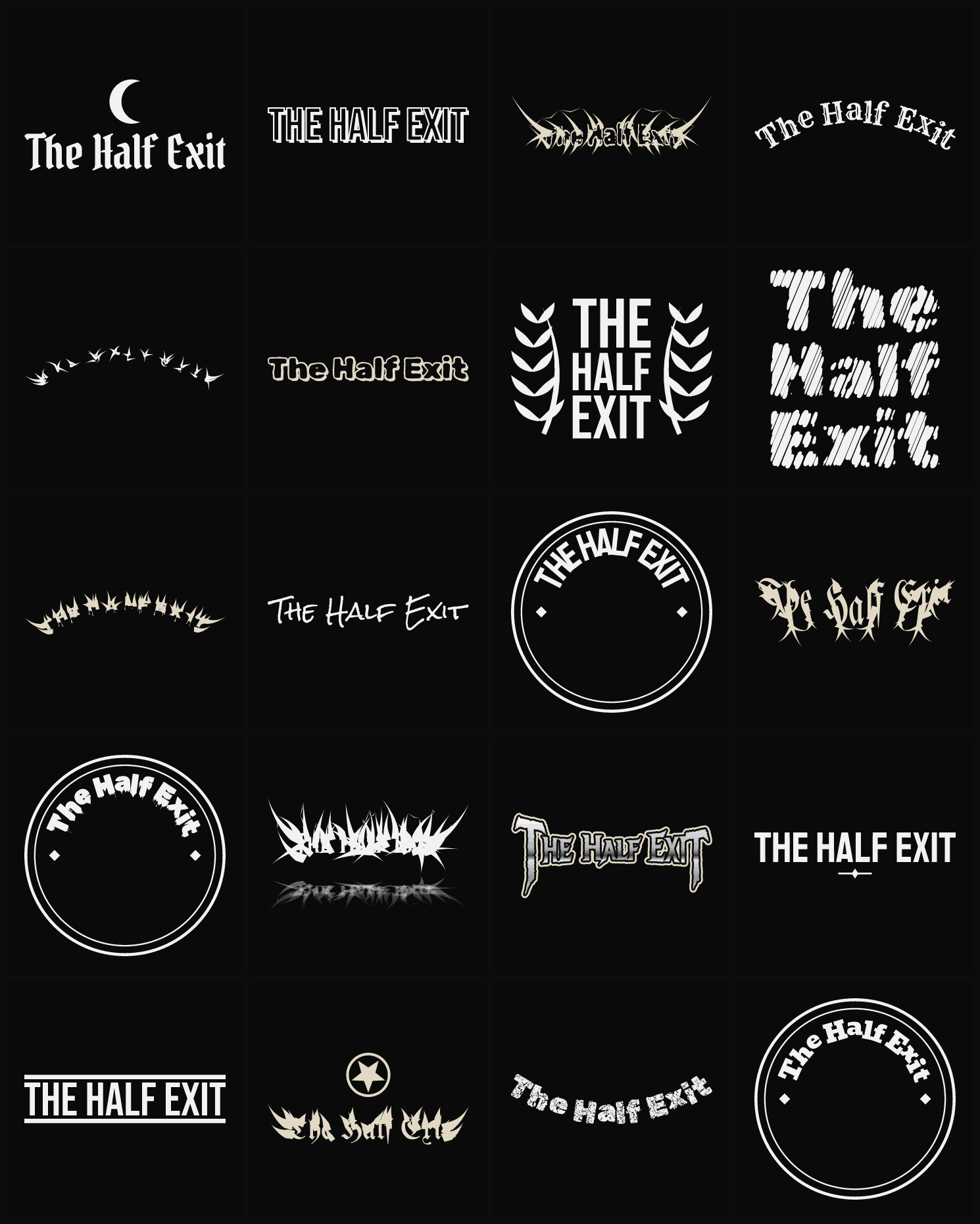 Twenty The Half Exit band logo ideas — different faces, treatments and spike settings