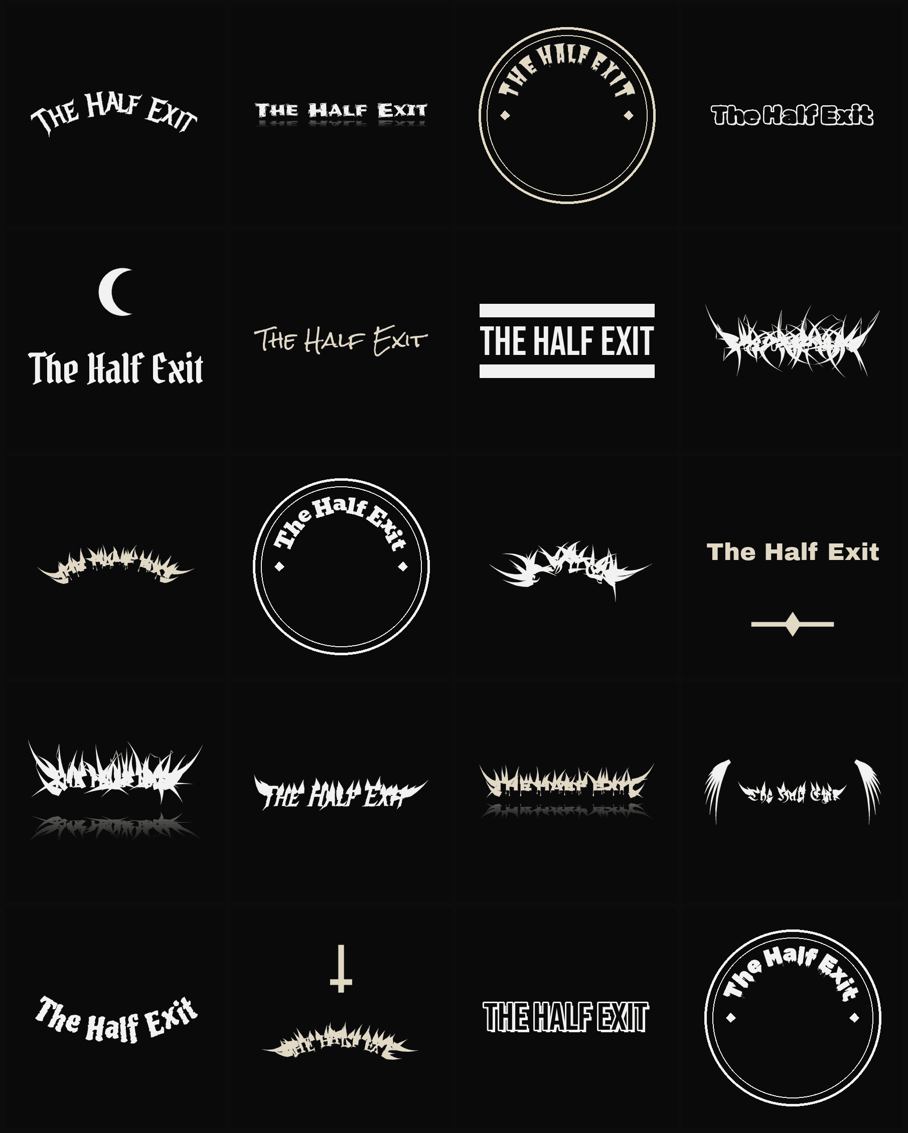 Twenty The Half Exit band logo ideas — different faces, treatments and spike settings