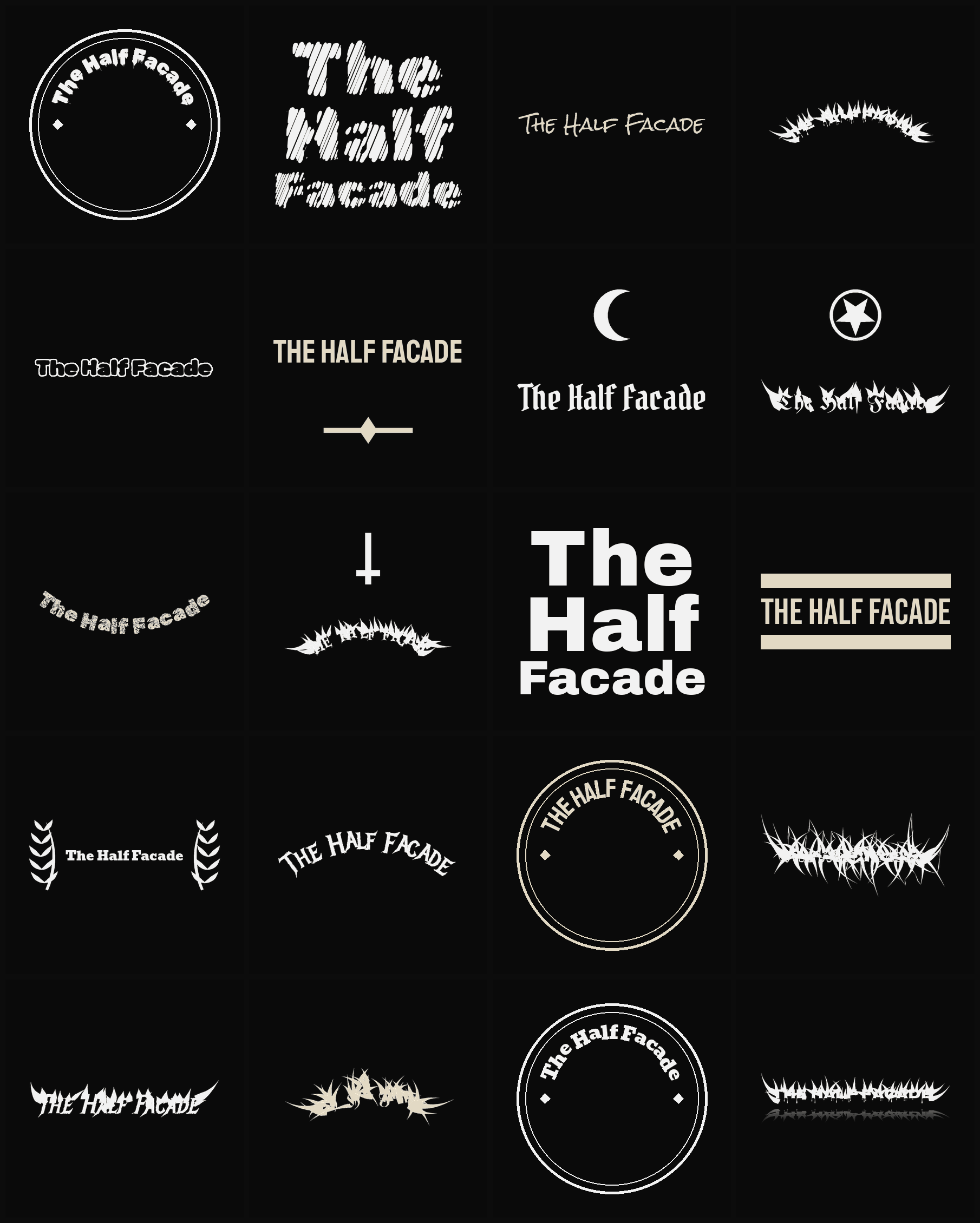 Twenty The Half Facade band logo ideas — different faces, treatments and spike settings
