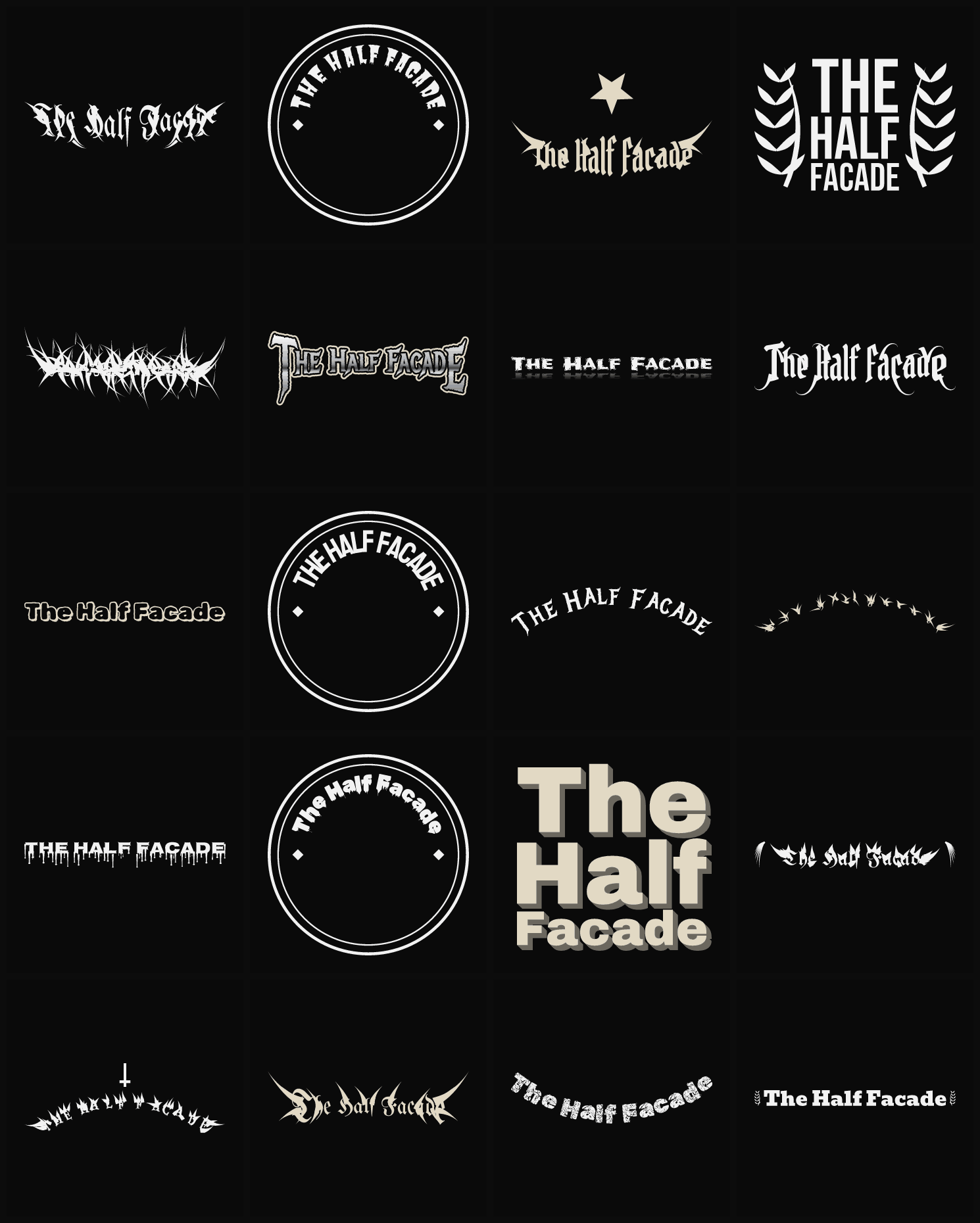 Twenty The Half Facade band logo ideas — different faces, treatments and spike settings