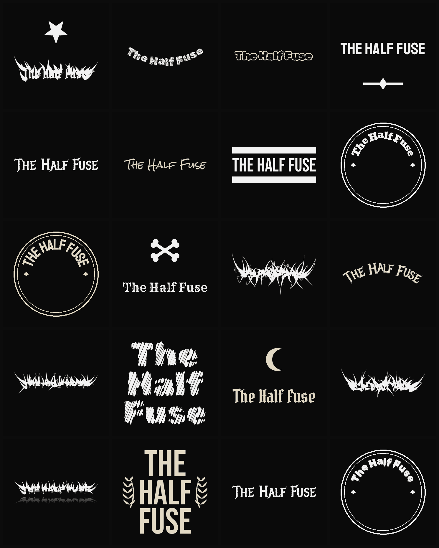 Twenty The Half Fuse band logo ideas — different faces, treatments and spike settings