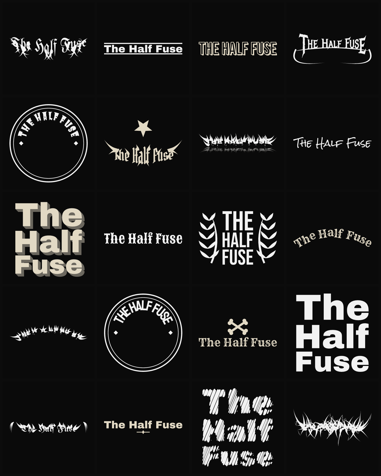 Twenty The Half Fuse band logo ideas — different faces, treatments and spike settings