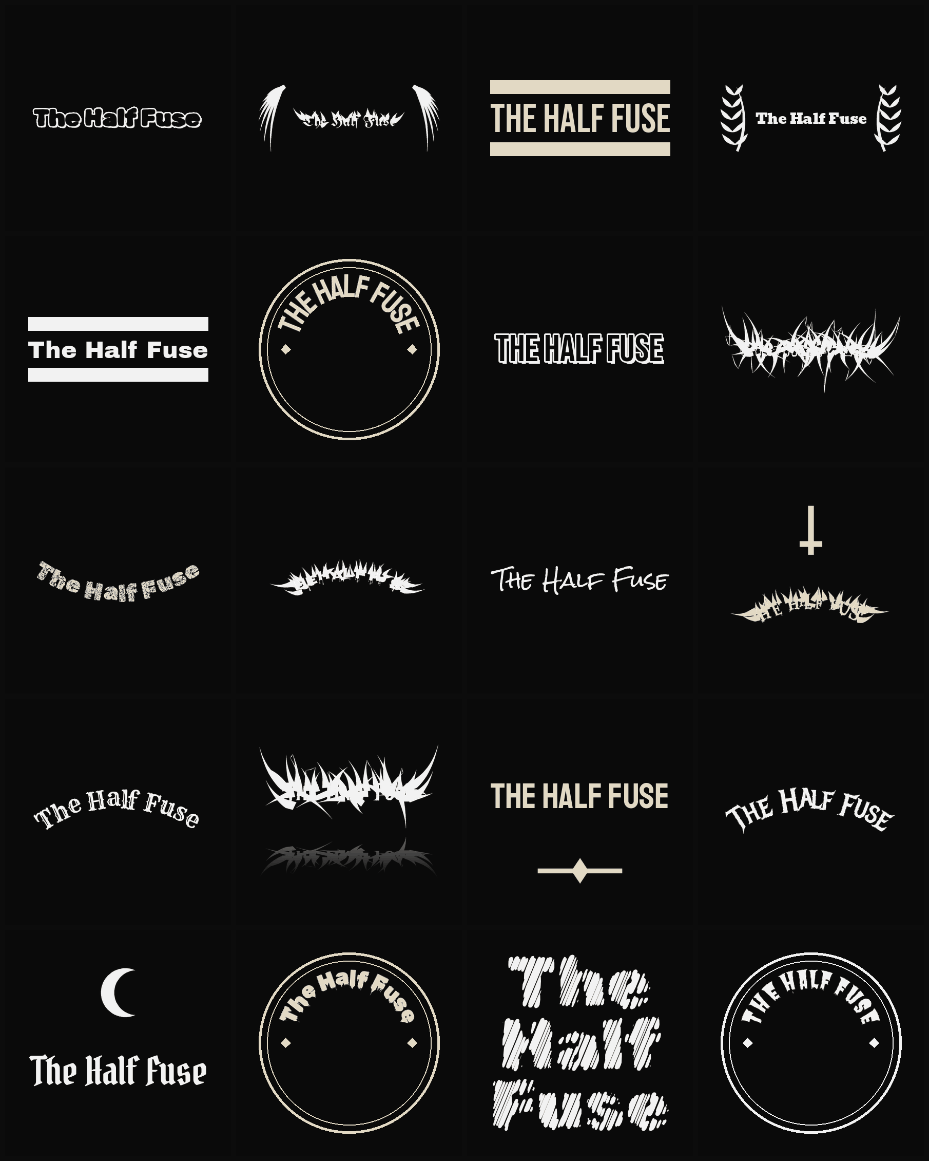Twenty The Half Fuse band logo ideas — different faces, treatments and spike settings
