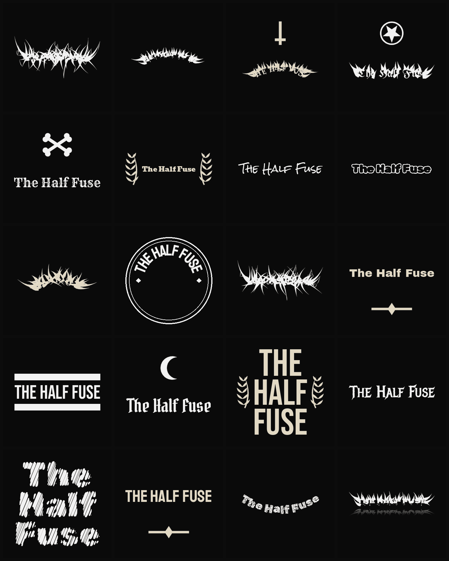Twenty The Half Fuse band logo ideas — different faces, treatments and spike settings
