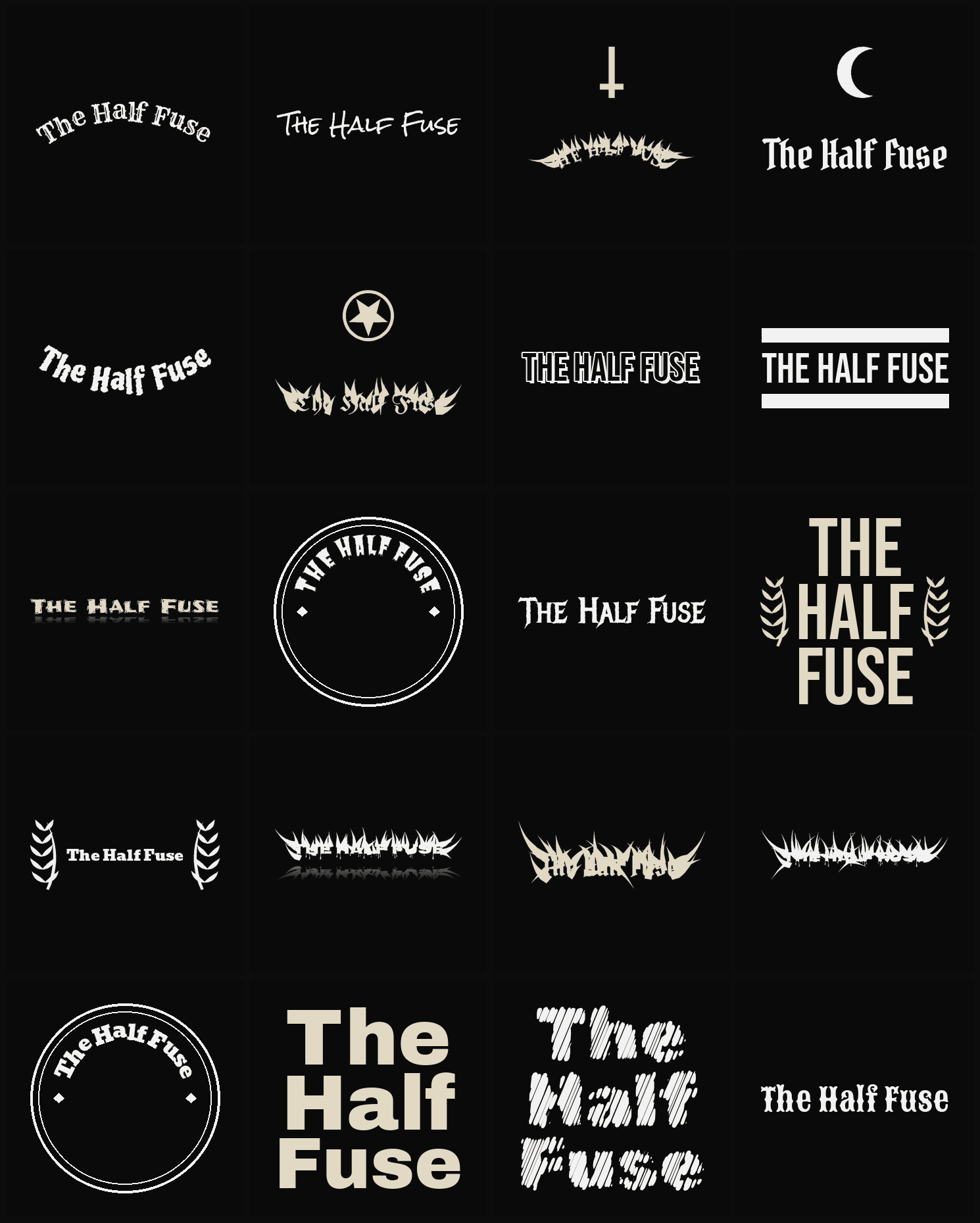 Twenty The Half Fuse band logo ideas — different faces, treatments and spike settings