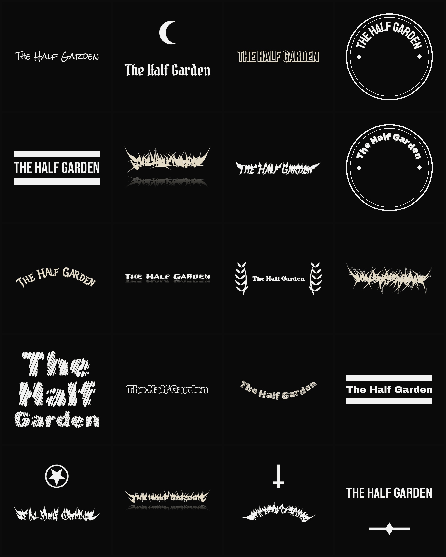 Twenty The Half Garden band logo ideas — different faces, treatments and spike settings