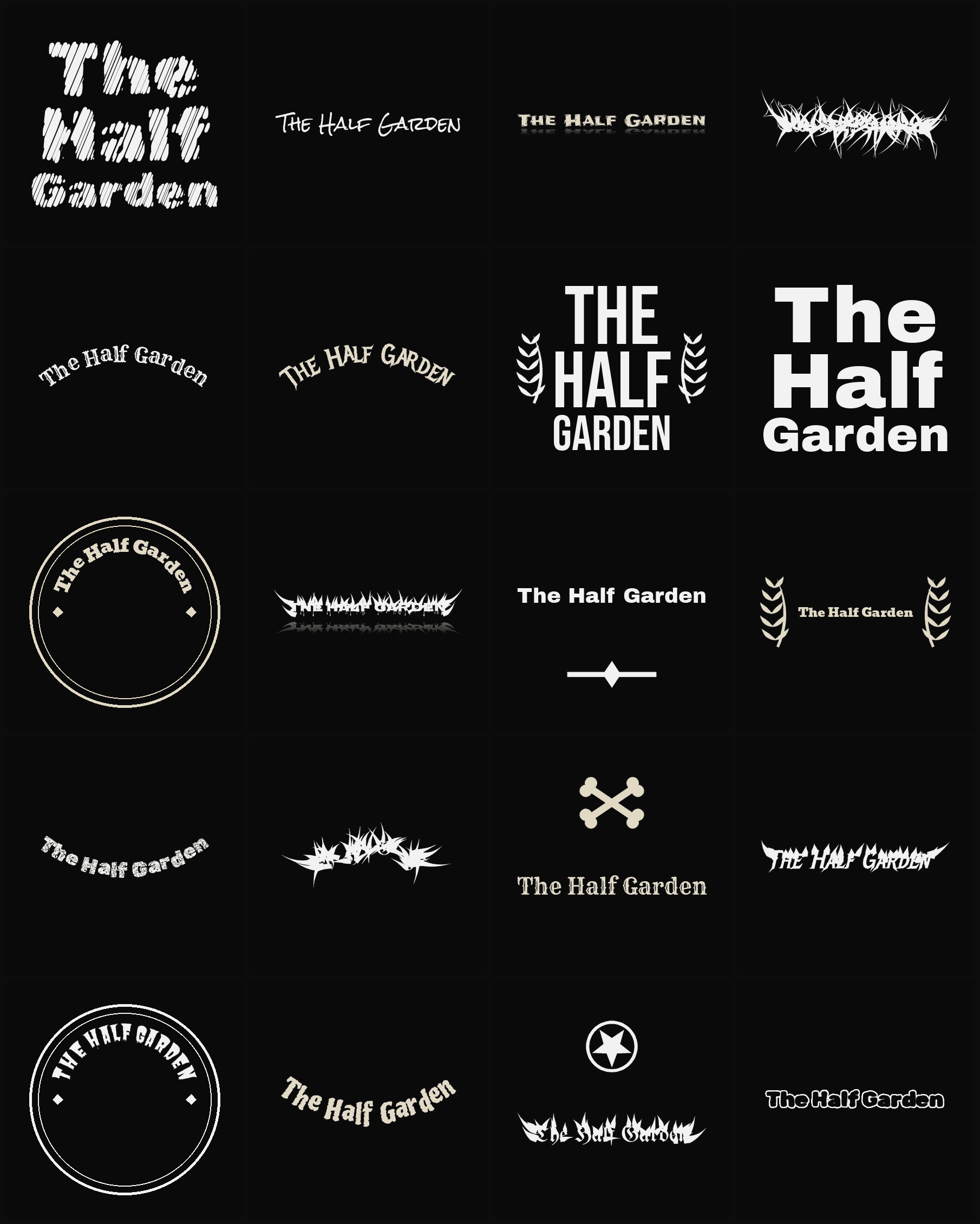 Twenty The Half Garden band logo ideas — different faces, treatments and spike settings