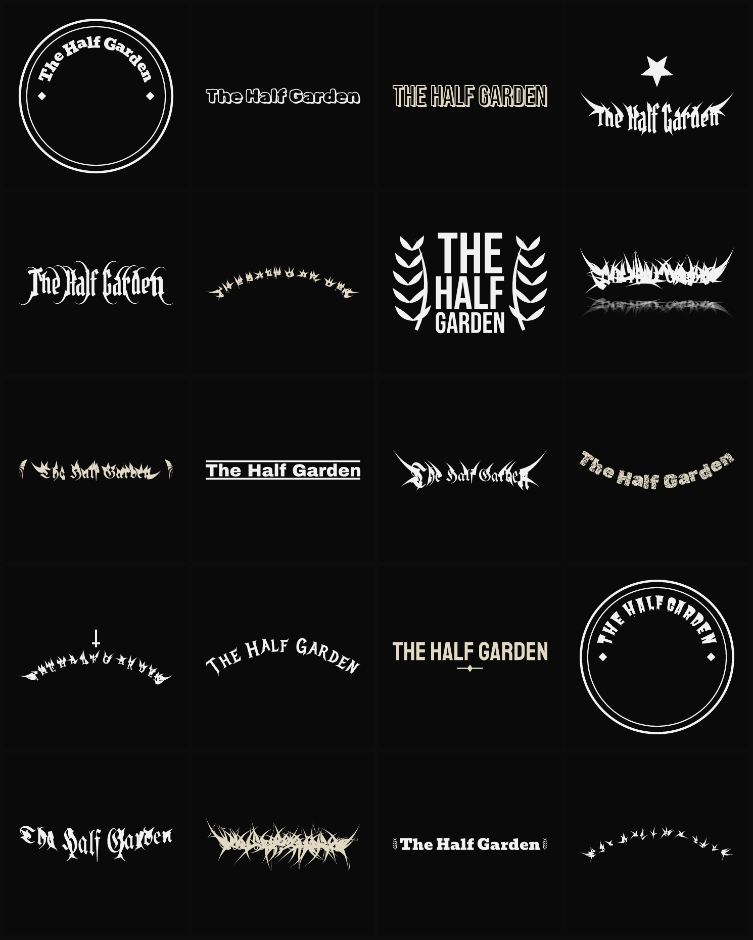 Twenty The Half Garden band logo ideas — different faces, treatments and spike settings