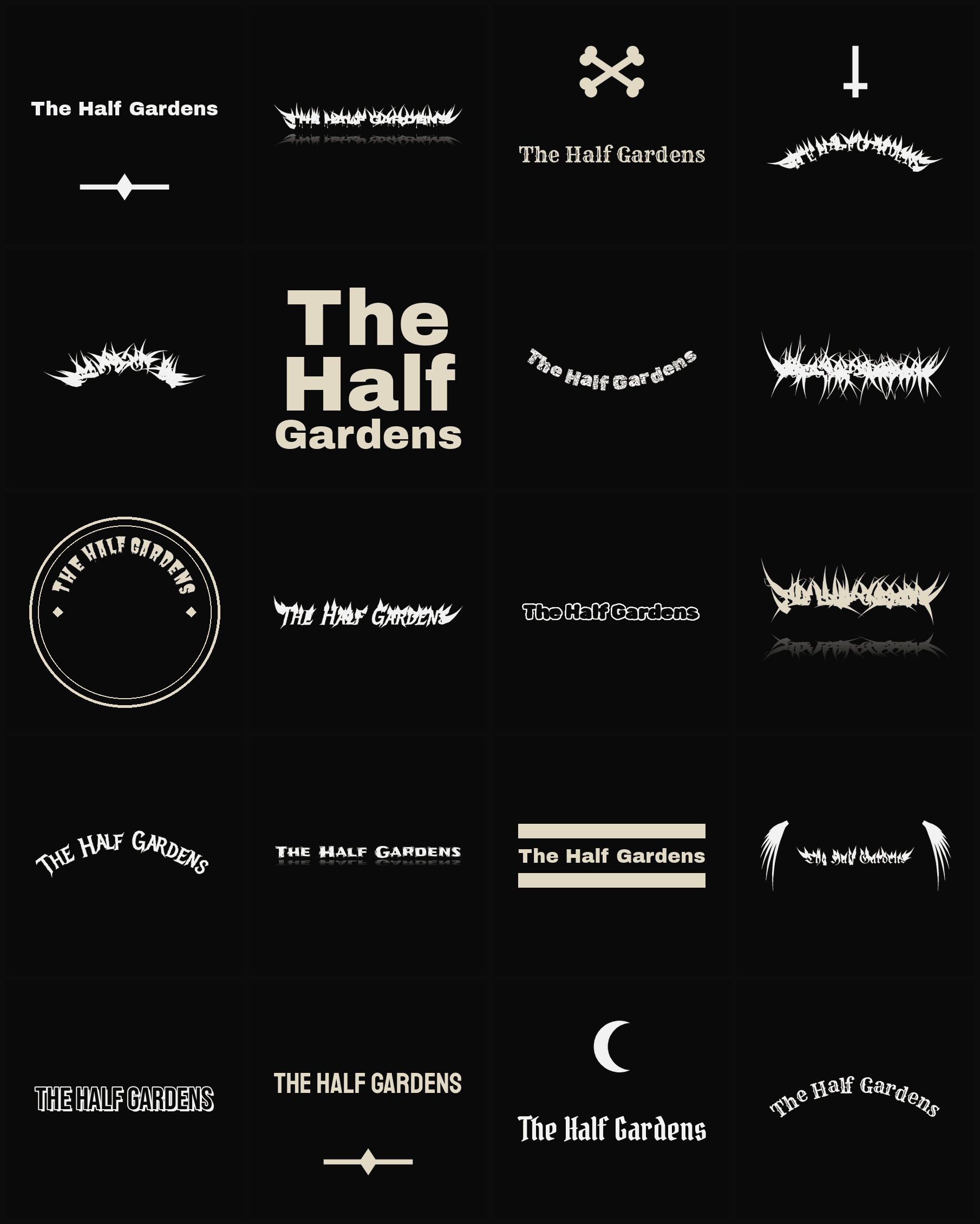 Twenty The Half Gardens band logo ideas — different faces, treatments and spike settings