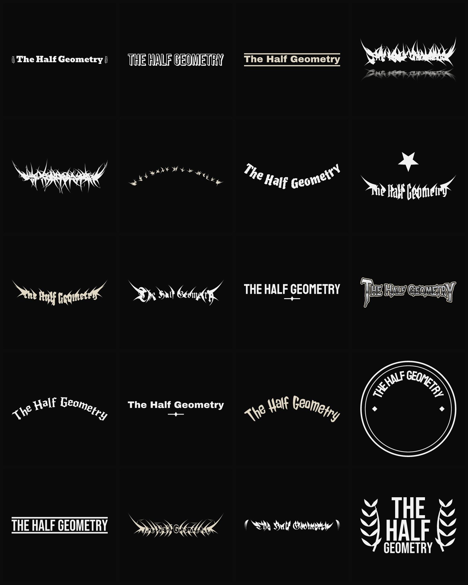 Twenty The Half Geometry band logo ideas — different faces, treatments and spike settings