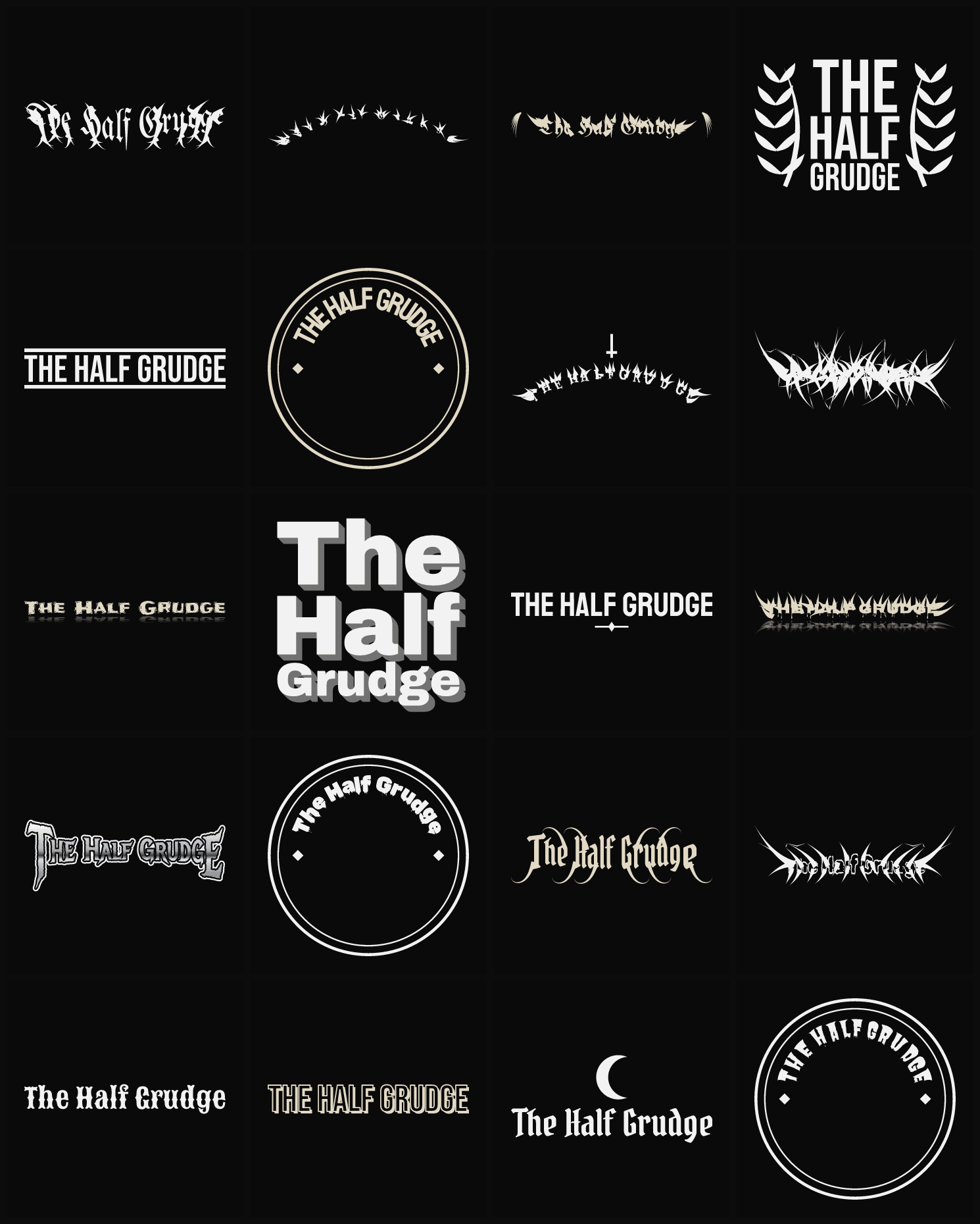 Twenty The Half Grudge band logo ideas — different faces, treatments and spike settings