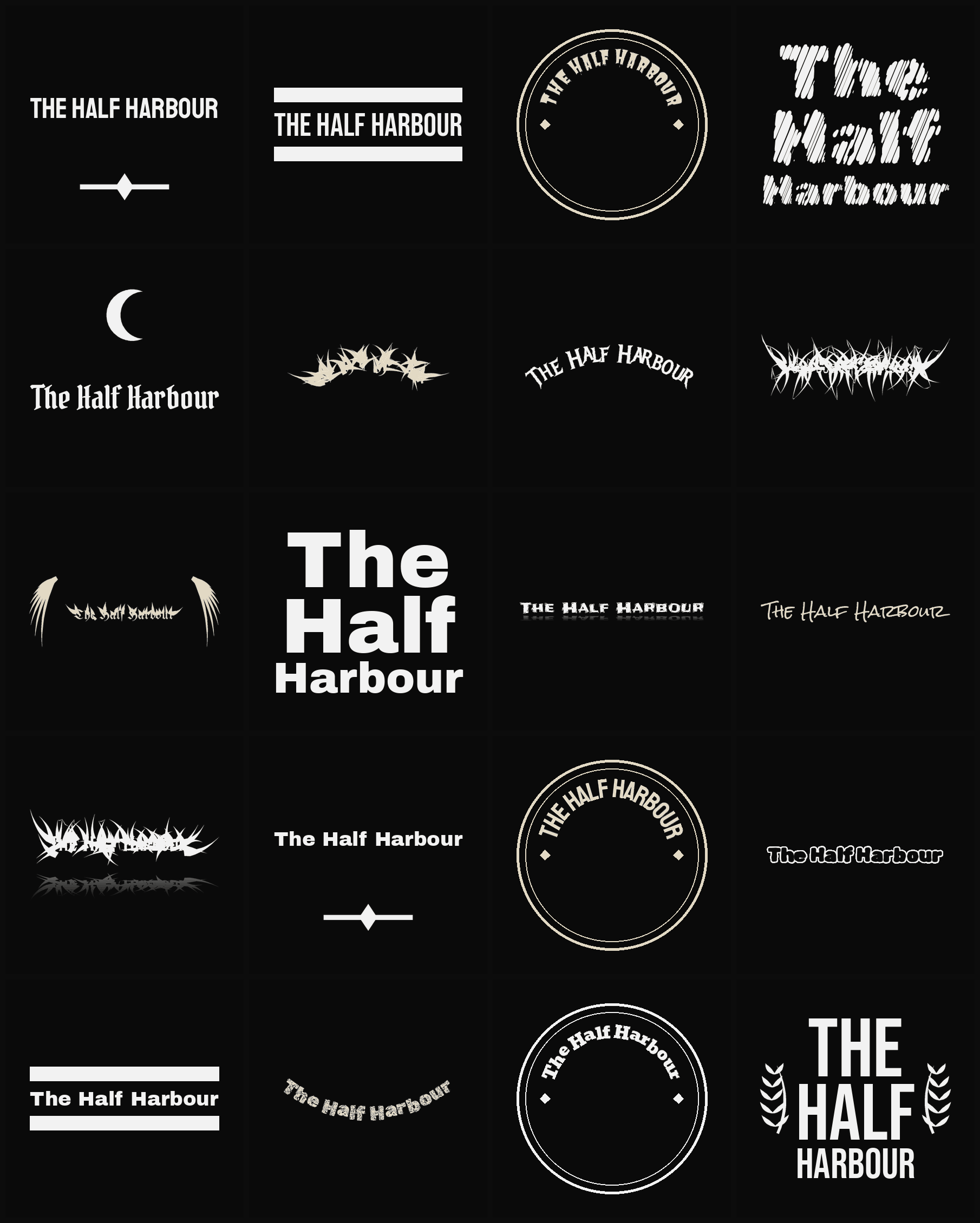 Twenty The Half Harbour band logo ideas — different faces, treatments and spike settings