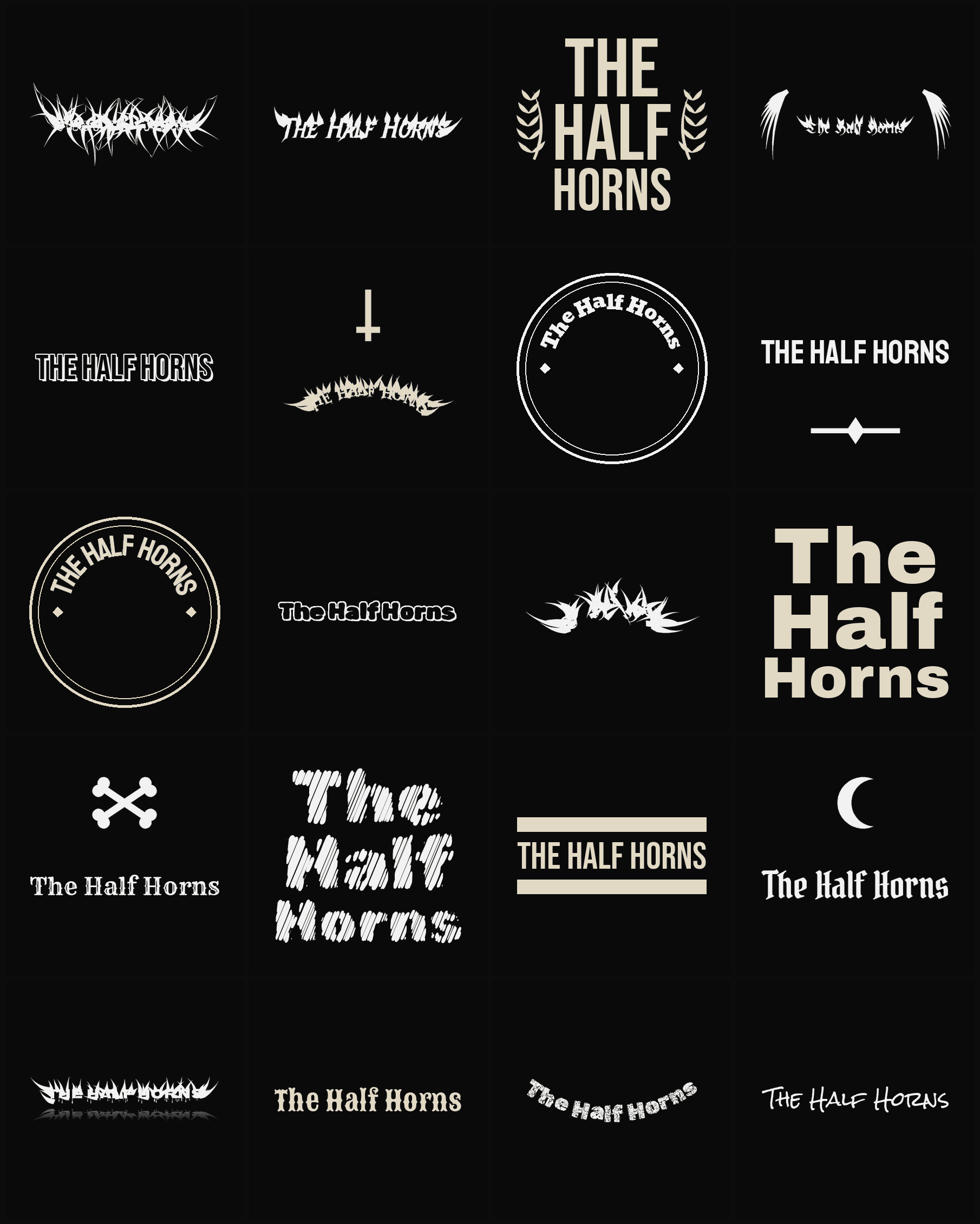 Twenty The Half Horns band logo ideas — different faces, treatments and spike settings