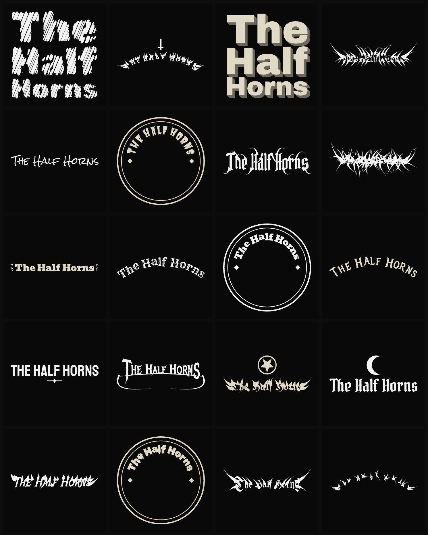Twenty The Half Horns band logo ideas — different faces, treatments and spike settings
