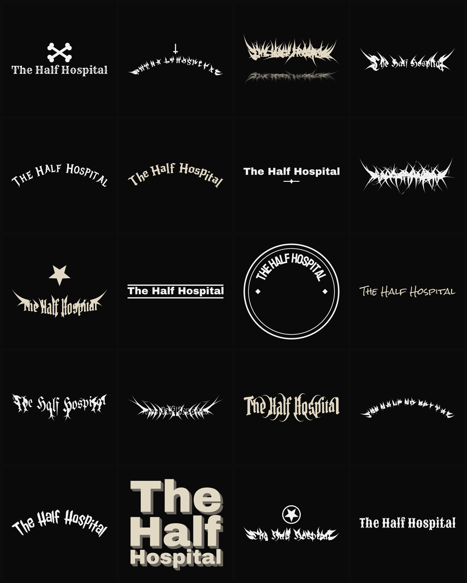 Twenty The Half Hospital band logo ideas — different faces, treatments and spike settings