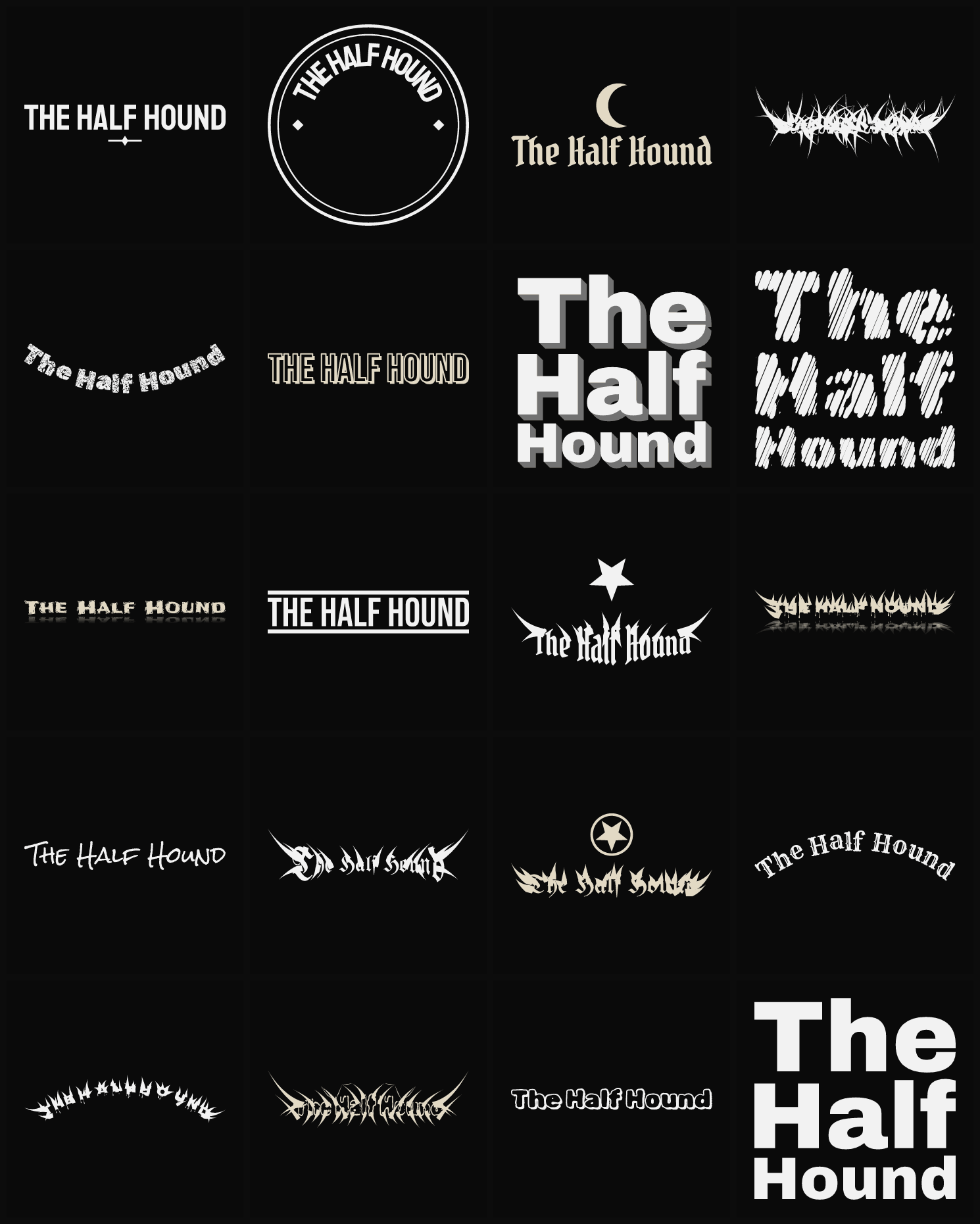 Twenty The Half Hound band logo ideas — different faces, treatments and spike settings