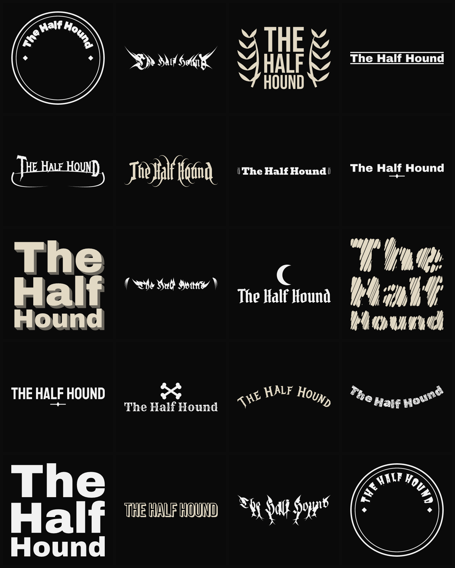 Twenty The Half Hound band logo ideas — different faces, treatments and spike settings