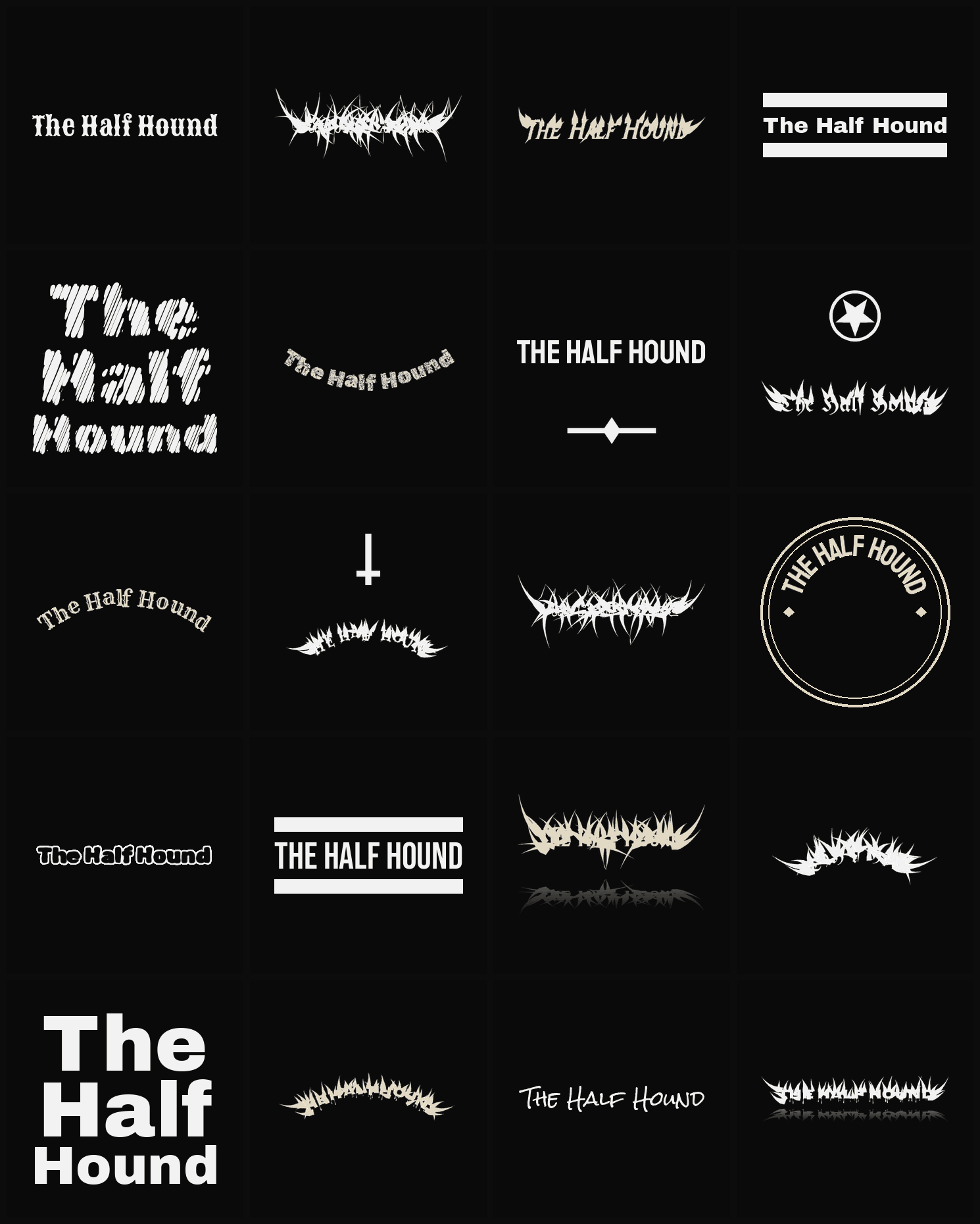 Twenty The Half Hound band logo ideas — different faces, treatments and spike settings