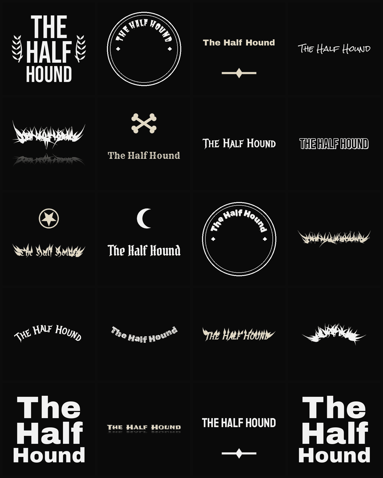 Twenty The Half Hound band logo ideas — different faces, treatments and spike settings