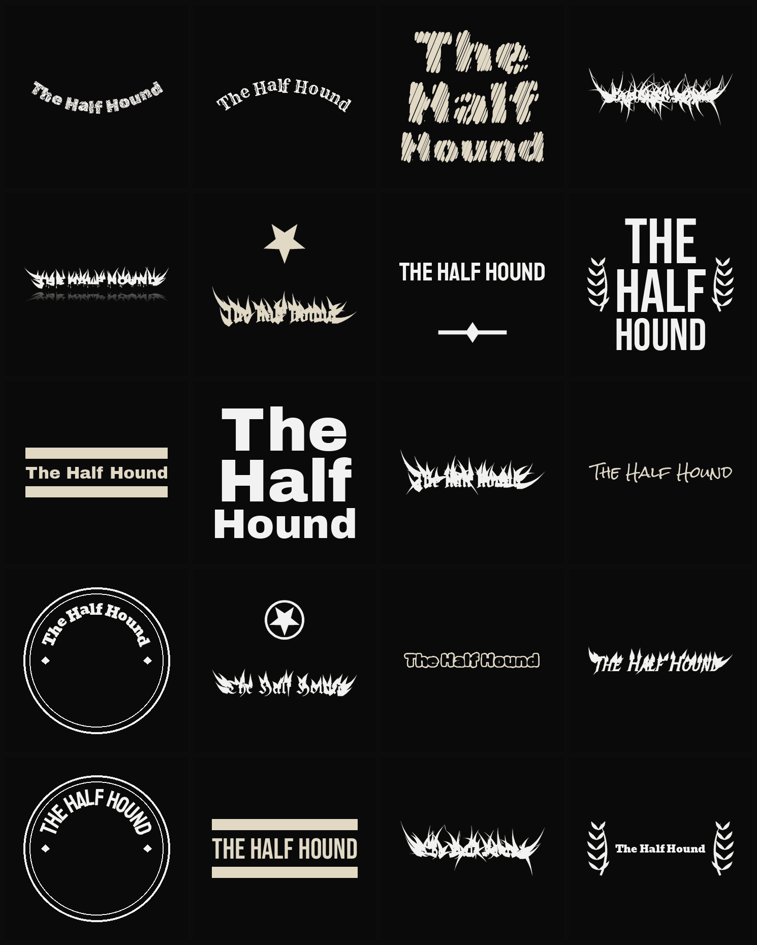 Twenty The Half Hound band logo ideas — different faces, treatments and spike settings