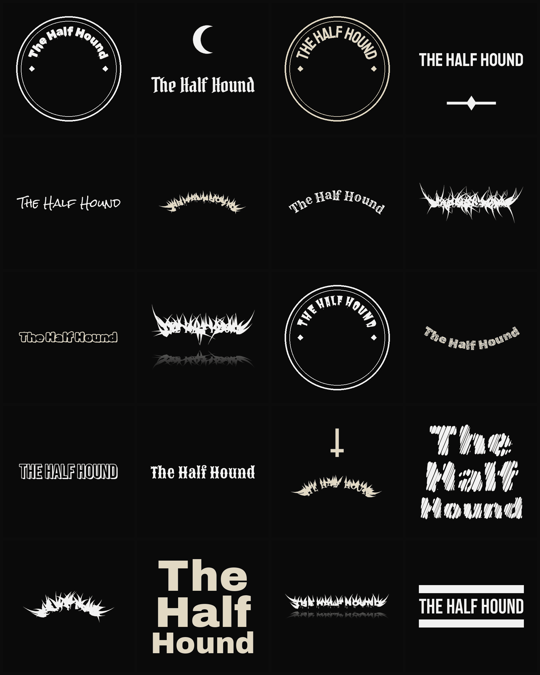 Twenty The Half Hound band logo ideas — different faces, treatments and spike settings