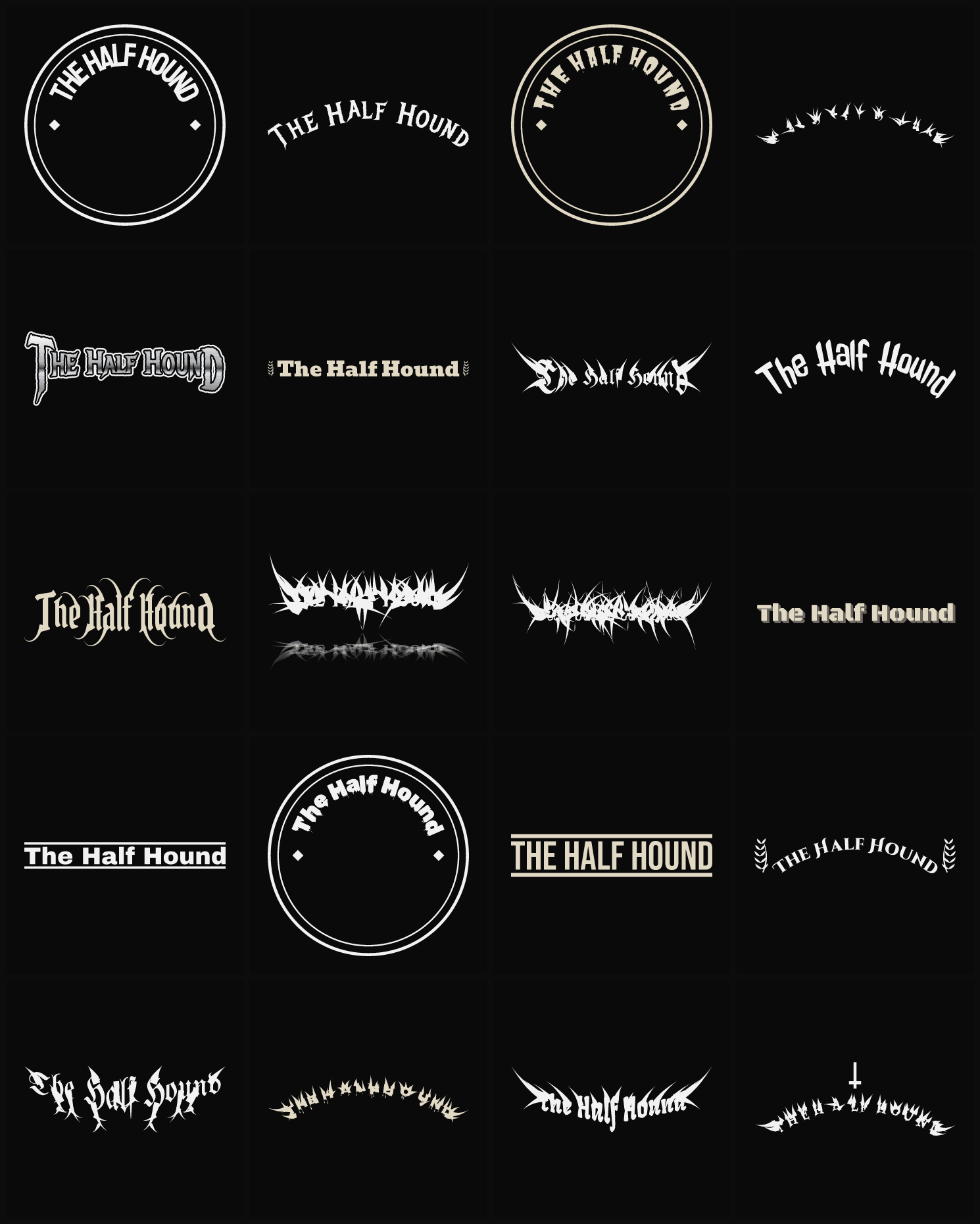 Twenty The Half Hound band logo ideas — different faces, treatments and spike settings