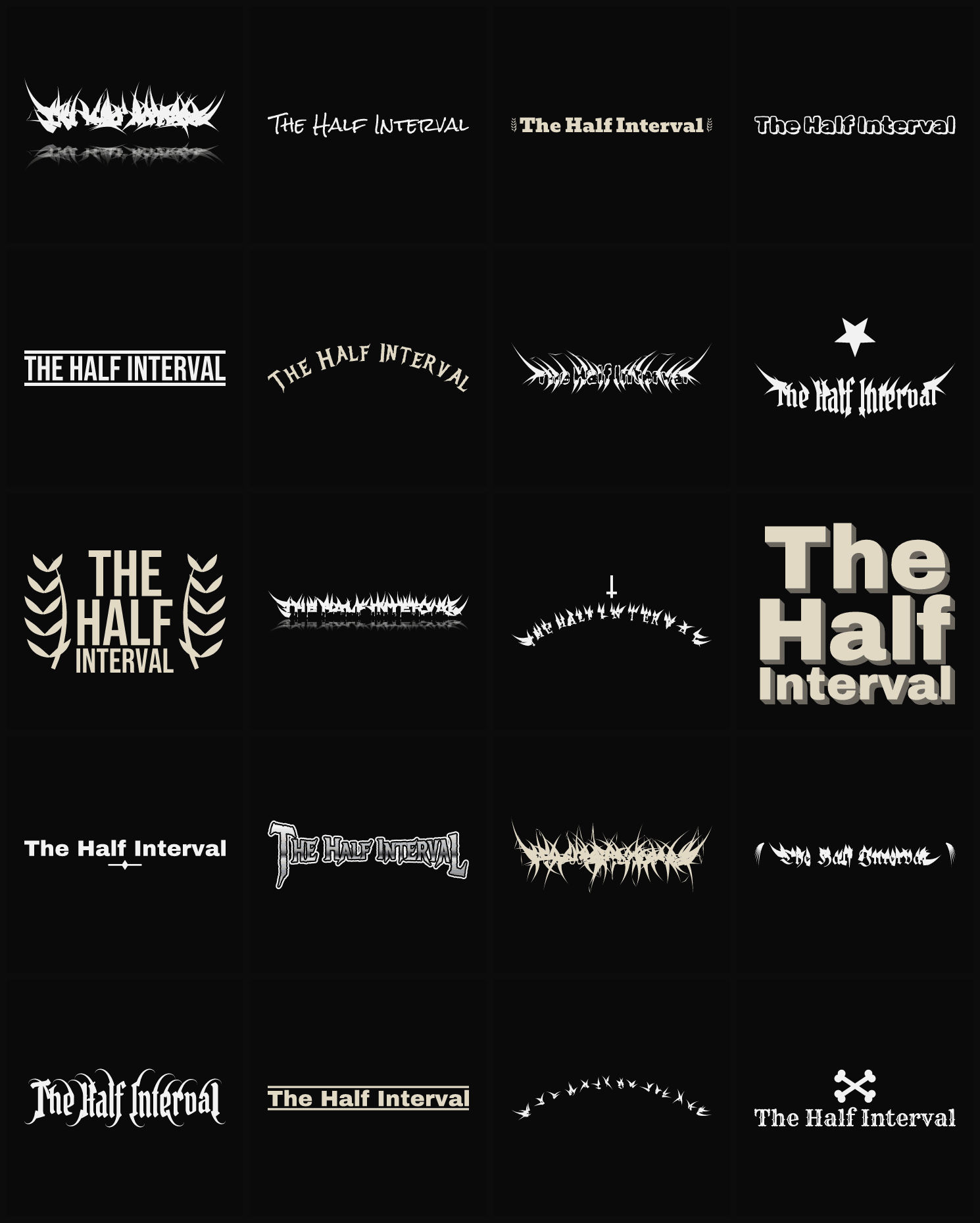 Twenty The Half Interval band logo ideas — different faces, treatments and spike settings