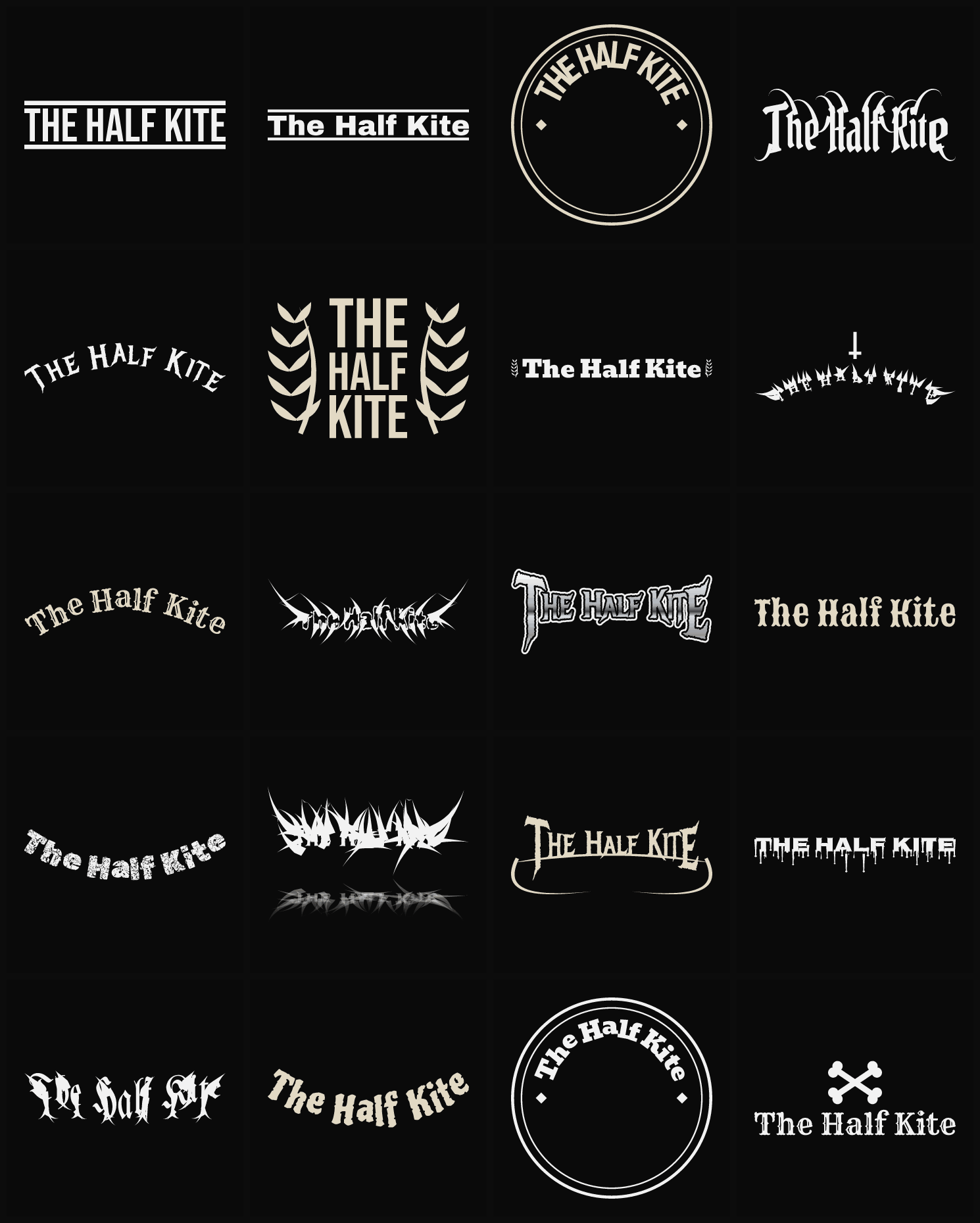 Twenty The Half Kite band logo ideas — different faces, treatments and spike settings