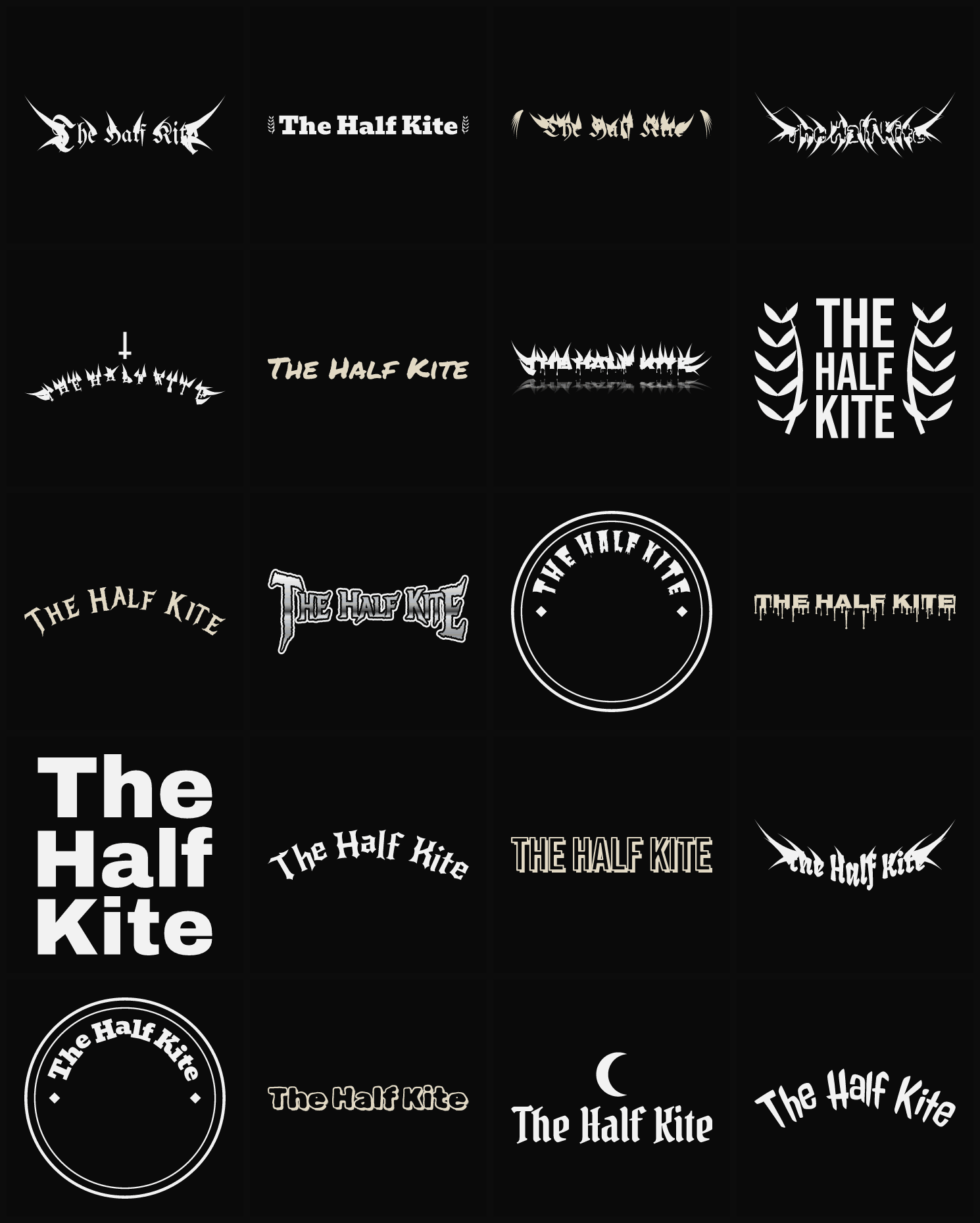 Twenty The Half Kite band logo ideas — different faces, treatments and spike settings