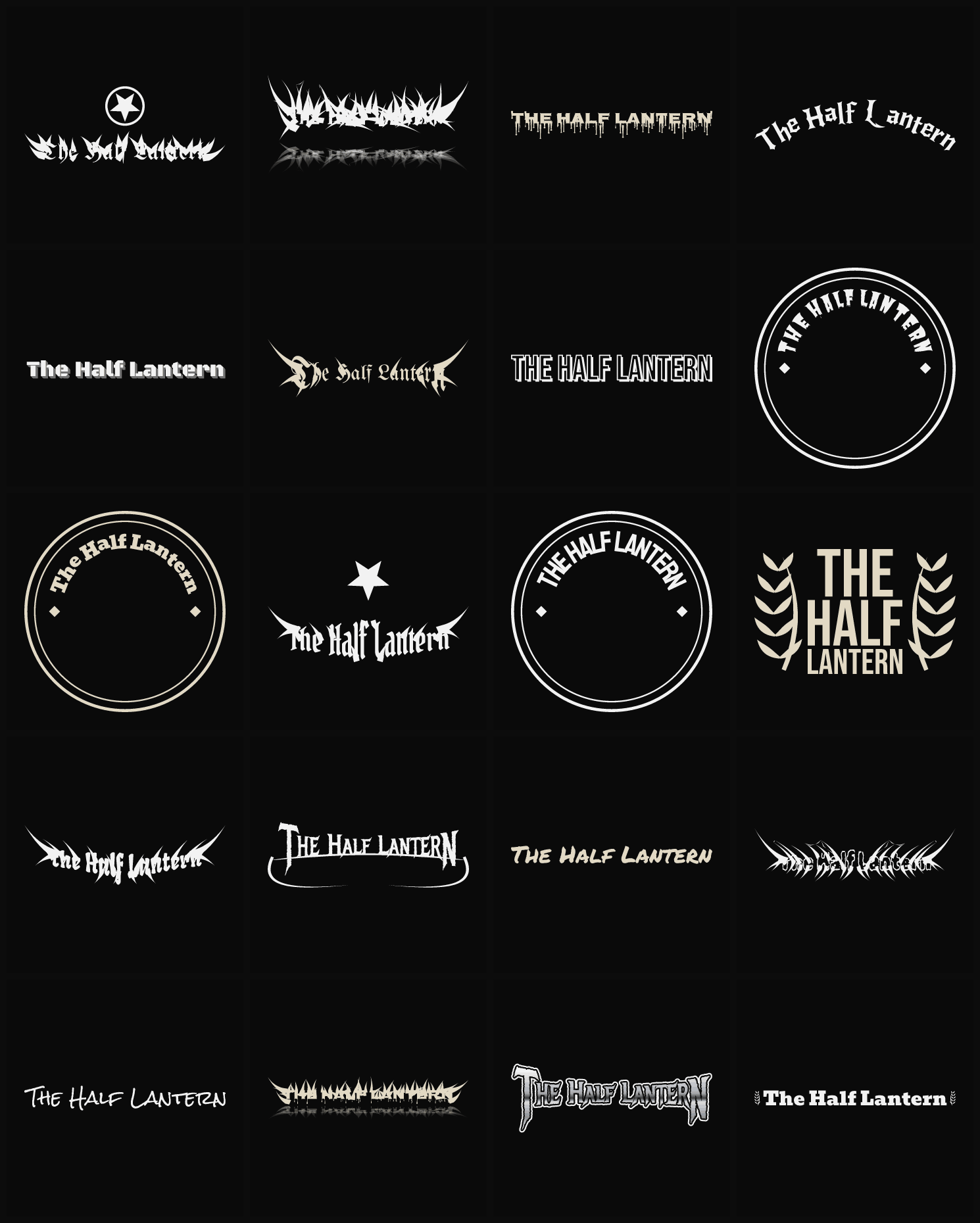 Twenty The Half Lantern band logo ideas — different faces, treatments and spike settings