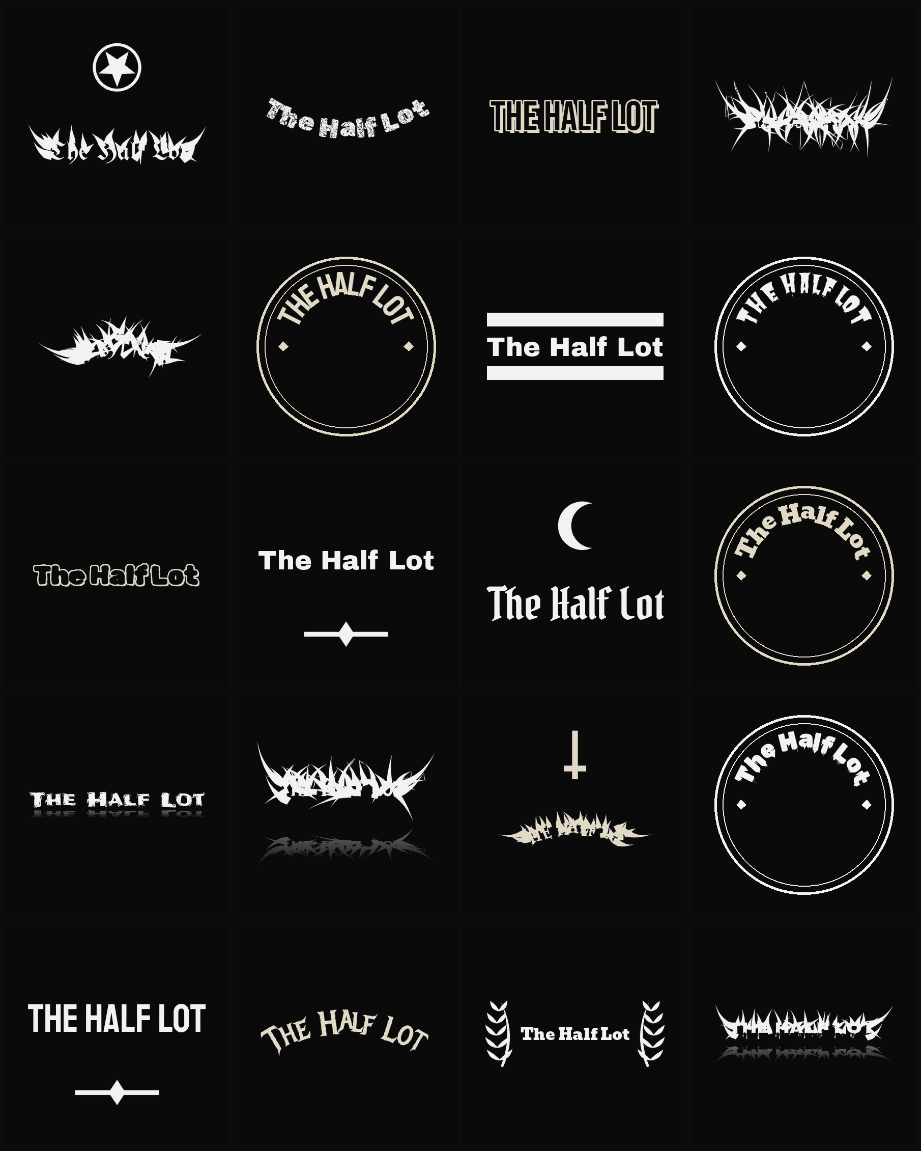 Twenty The Half Lot band logo ideas — different faces, treatments and spike settings
