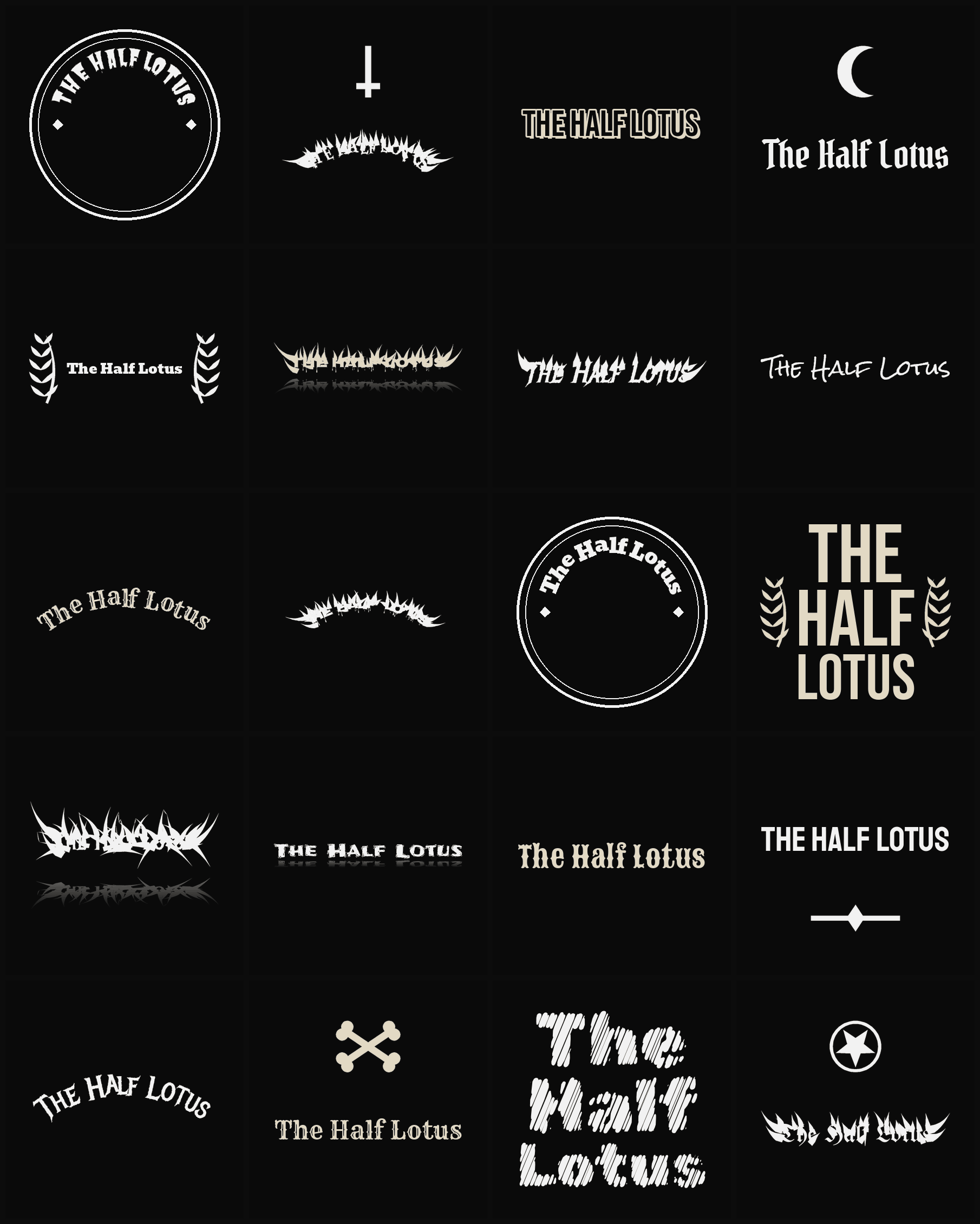 Twenty The Half Lotus band logo ideas — different faces, treatments and spike settings