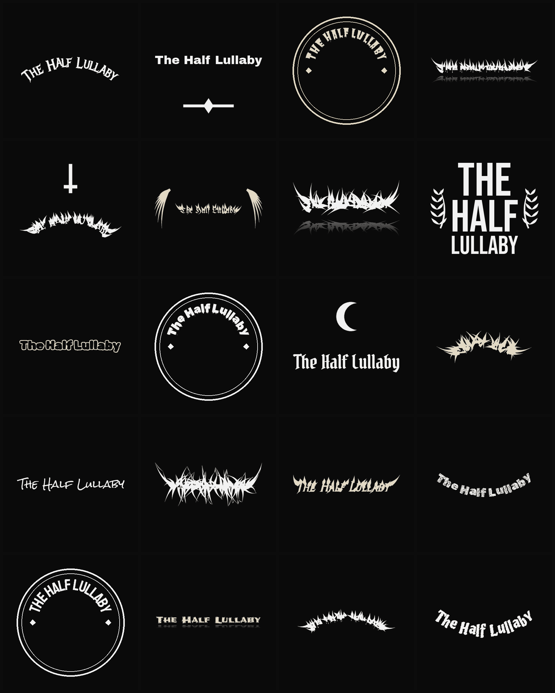 Twenty The Half Lullaby band logo ideas — different faces, treatments and spike settings