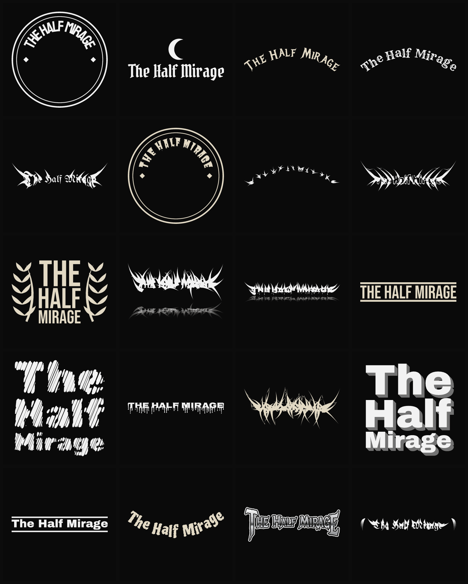 Twenty The Half Mirage band logo ideas — different faces, treatments and spike settings